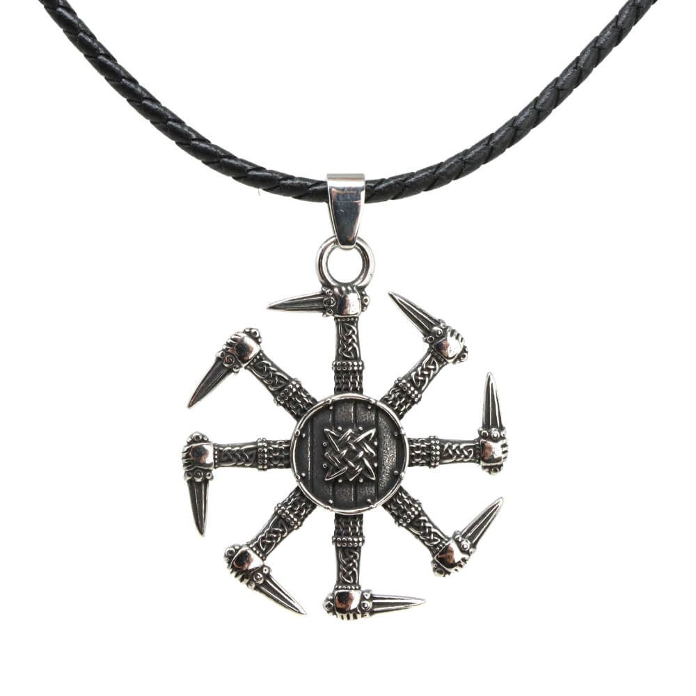 DALMARO Kette mit Anhänger Lederkette Edelstahlkette 316L GLÜCKSRAD, Herren Halskette Biker / Wikinger Kette - Schmuckbox