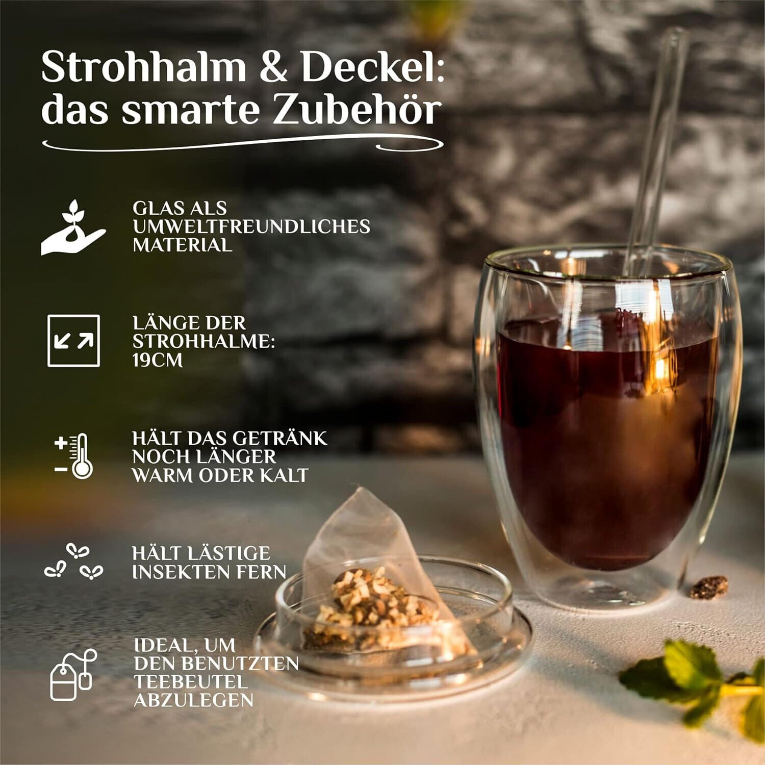ANWA Thermoglas 4x Doppelwandige Gläser mit Deckel und Trinkhalm Thermogläser 350ml, 12-tlg., Glas, doppelwandig