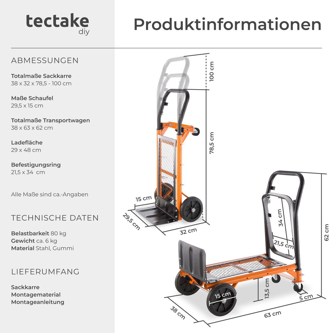 tectake Universal Sack Truck, load capacity up to 80 kg, handle height adjustable in three stages (78.5 cm to 100 cm)