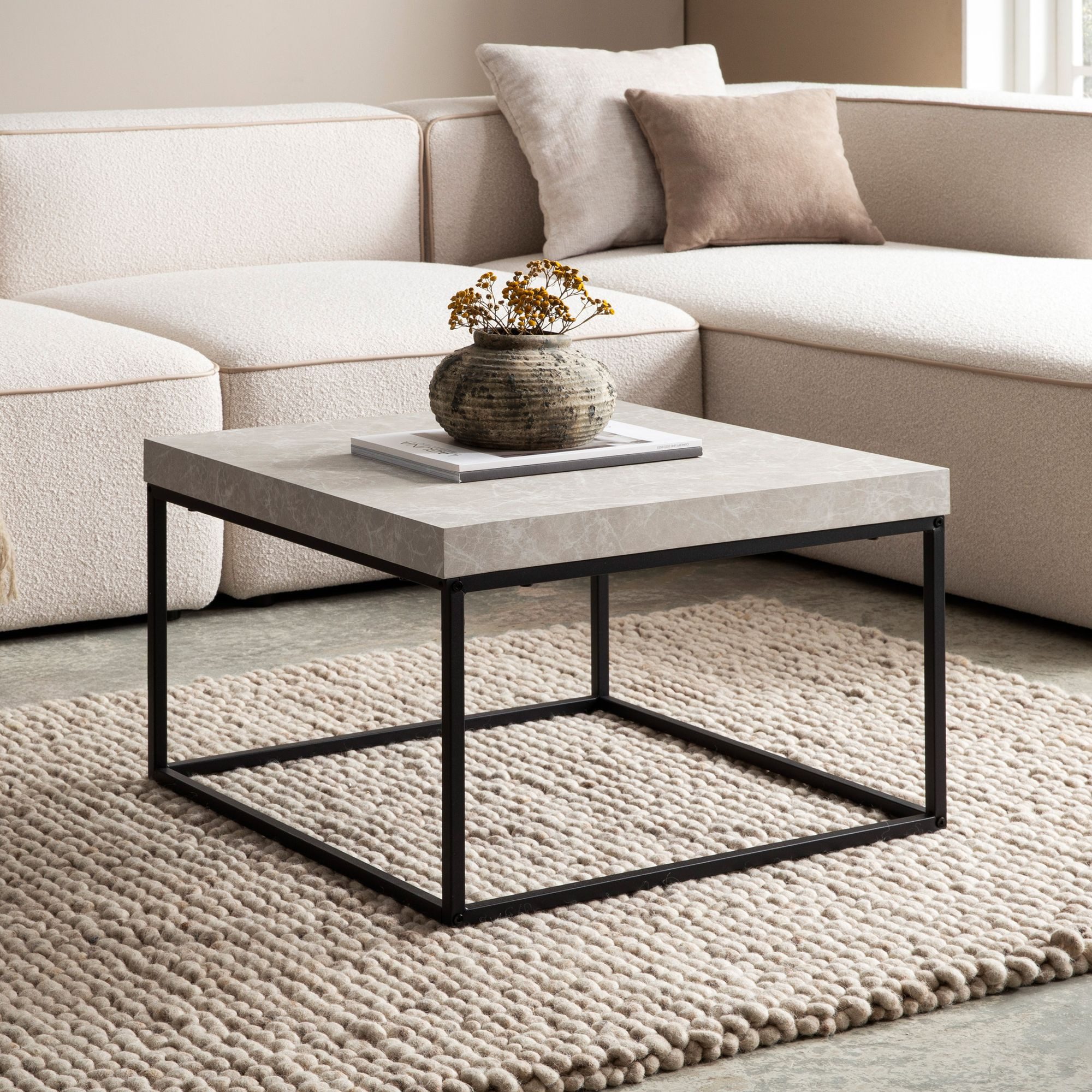 FINEBUY Couchtisch FB59778 Sofatisch 60 cm Wohnzimmertisch Klein Kaffeetisch Modern (60 cm MDF, Wohnzimmertisch Stein Optik Sandfarben), Sofatisch Beige Modern, Kaffeetisch Rechteckig