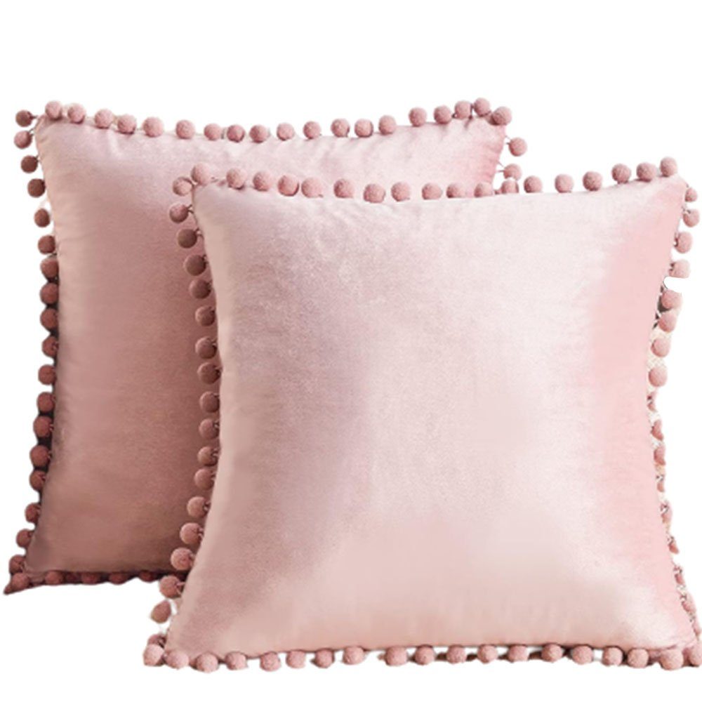 Kissenbezüge Kissenbezüge Samt mit Pompoms Dekorative Kissenhülle Pink 40X40cm 2er, FELIXLEO