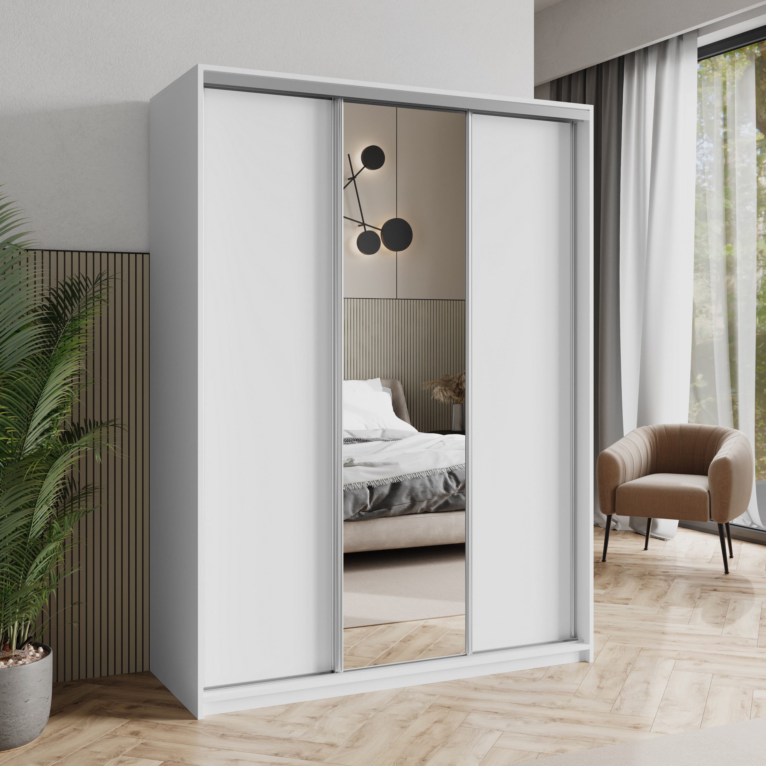 Masseno Schwebetürenschrank TAVI 150 cm Kleiderschrank mit Spiegel 3 Türen und 4 Schubladen Weiß