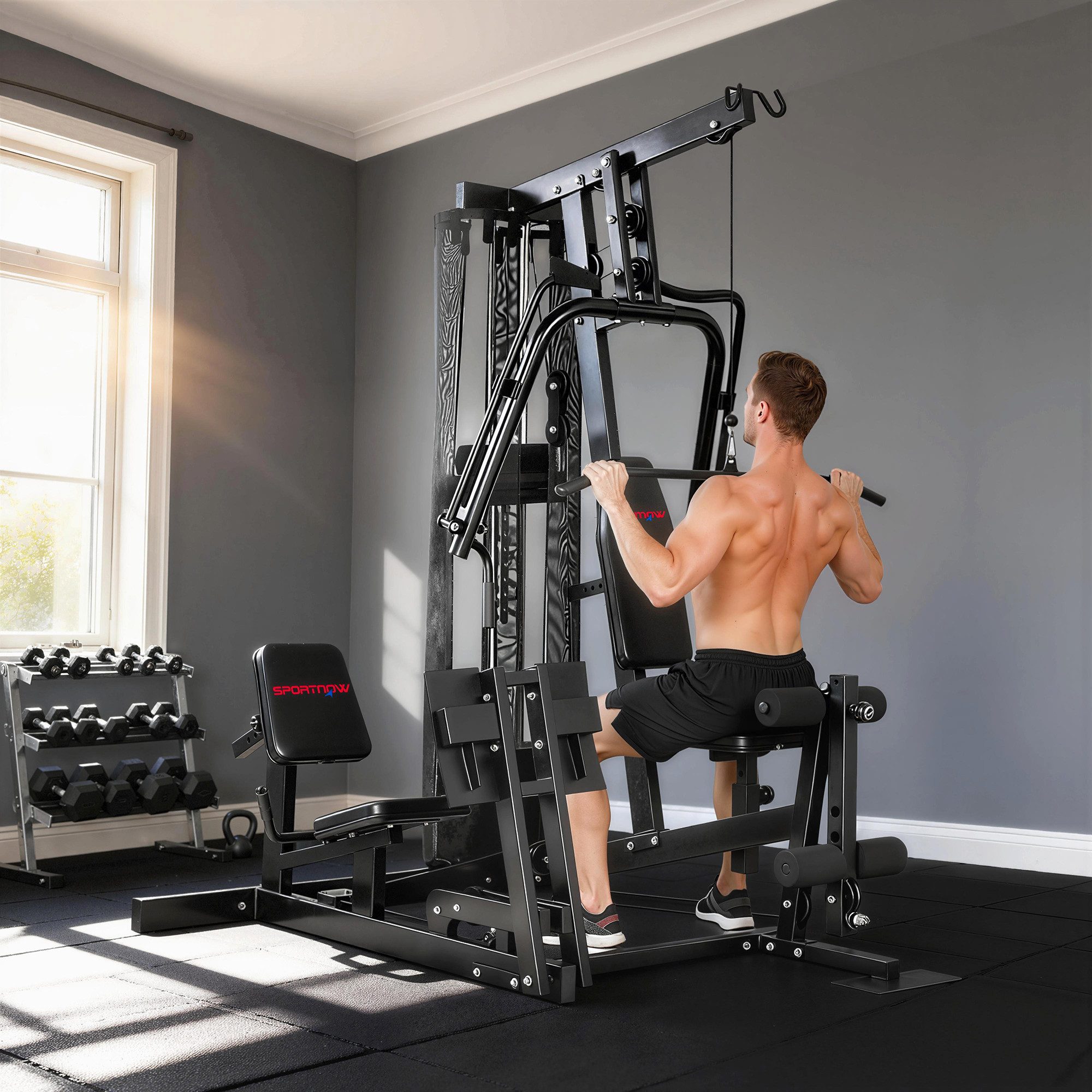 SPORTNOW Kraftstation mit Latzug Butterflystange 65kg Gewichten Beinpresse, 10 Gewichtsblöcke (Fitnessstation, 1-tlg., Trainingsstation), für Zuhause