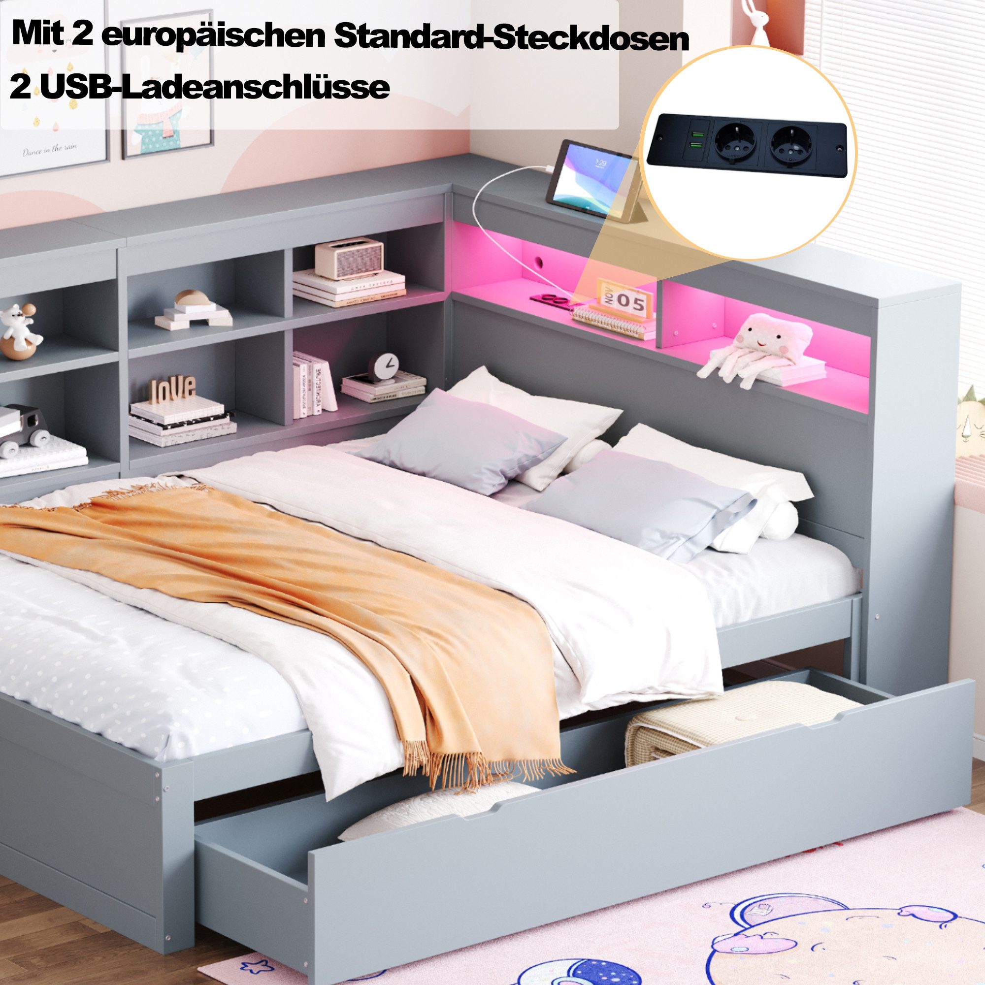 Flieks Massivholzbett, LED Doppelbett 140x200cm mit Stauraum, USB-Aufladen und Schublade – Bild 5 von 5