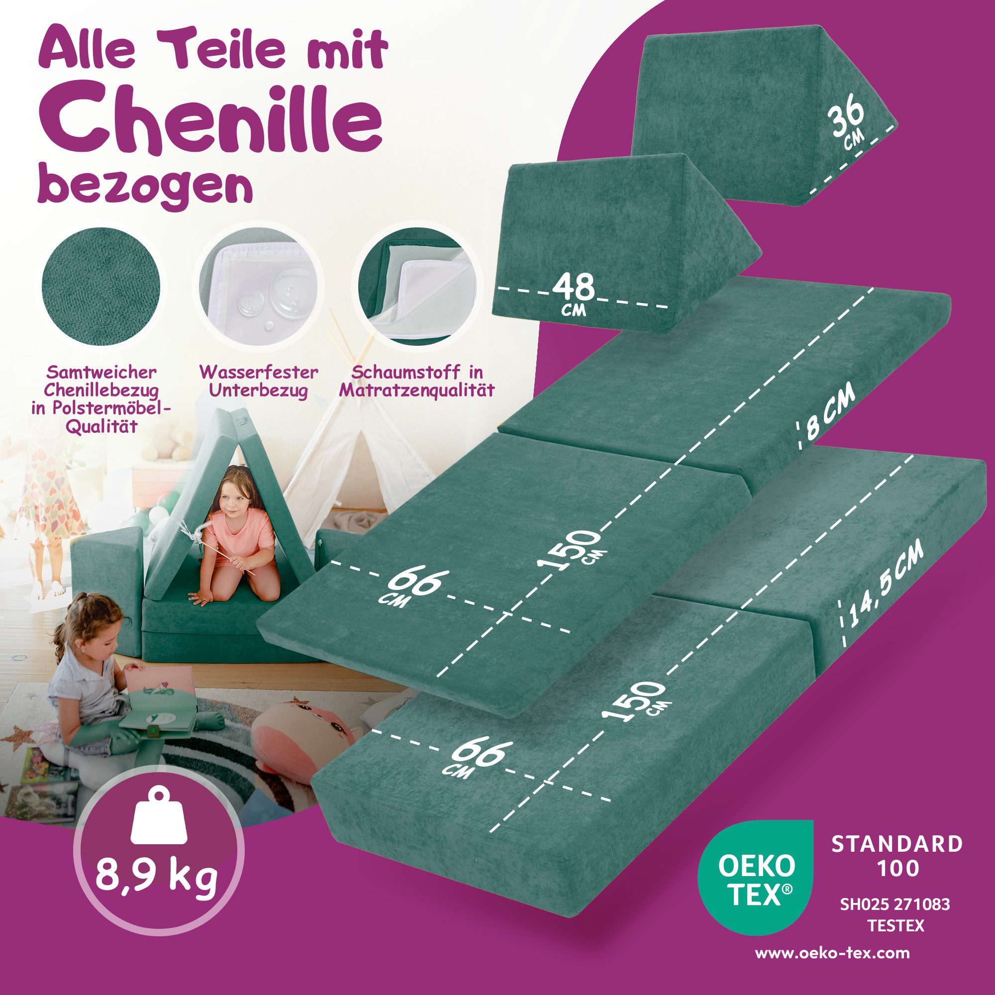 Linodino Kindersofa Spielsofa I aus Schaumstoff Bausteine I Spielcouch für Kinder, Wasserfeste Unterbezüge, Waschbare Chenille Bezüge 30° – Bild 5 von 5