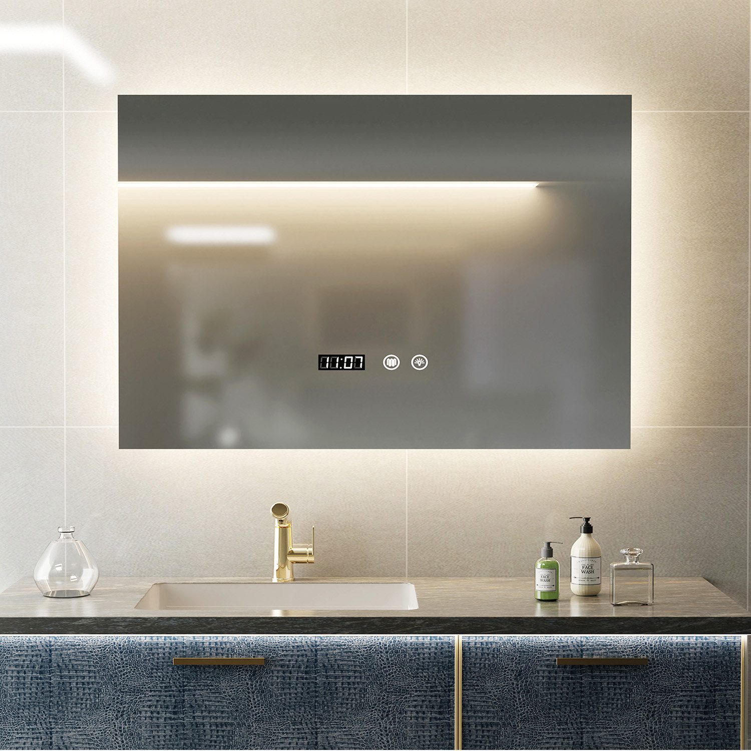 oyajia Badspiegel mit Beleuchtung LED Wandspiegel Antibeschlag Badspiegel Kosmetikspiege, 3 Lichtfarben Dimmbare mit Touch-Steuerung, IP44, Memory Funktion, Uhr