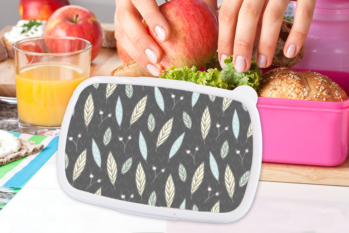 MuchoWow Lunchbox Muster - Blätter (2-tlg), Kunststoff Brotbox Kunststoff, Brotdose Snackbox, Natur, Mädchen, für Kinder, Erwachsene, - rosa