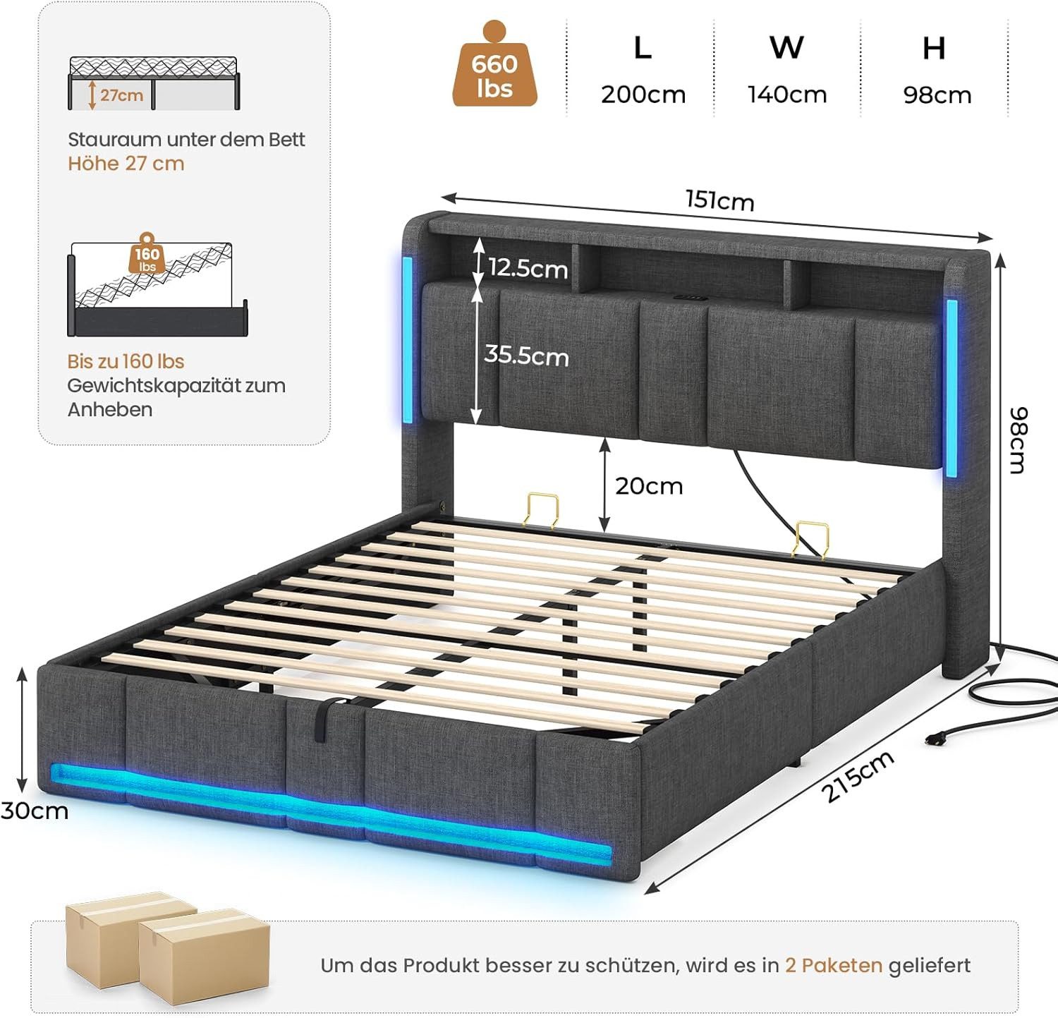 MSMASK Polsterbett Hydraulischem Stauraumbett mit LED Beleuchtung & Steckdo günstig online kaufen
