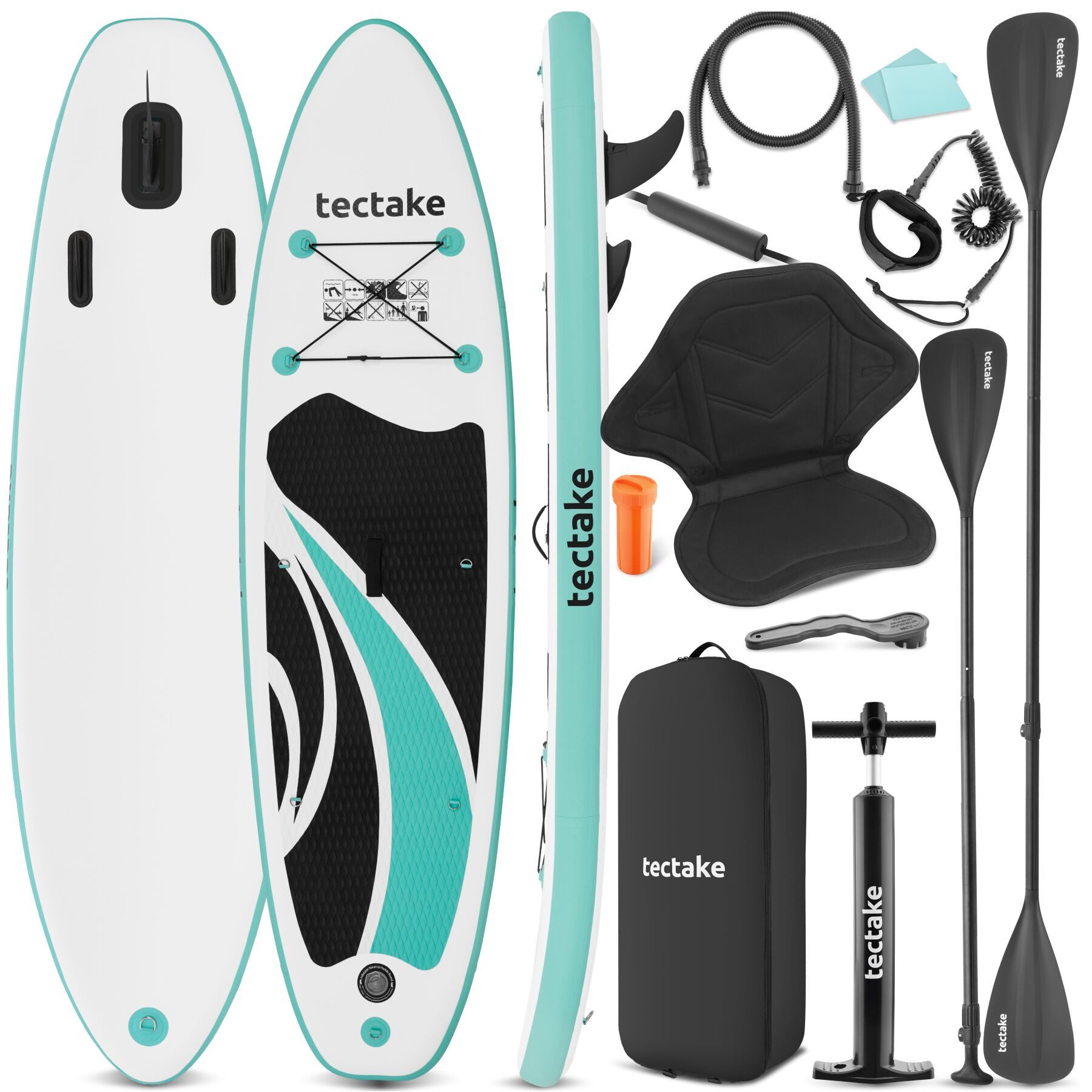 tectake SUP-Board Aufblasbares Paddle Board 2in1 mit Kajaksitz, Drop-Stitch, Stand-up Paddle, (Sup Board Mit Kajaksitz Zenon, in Weiß/türkis), Belastbar bis 200 kg, Inkl. Zubehör, verstellbares Doppelpaddel