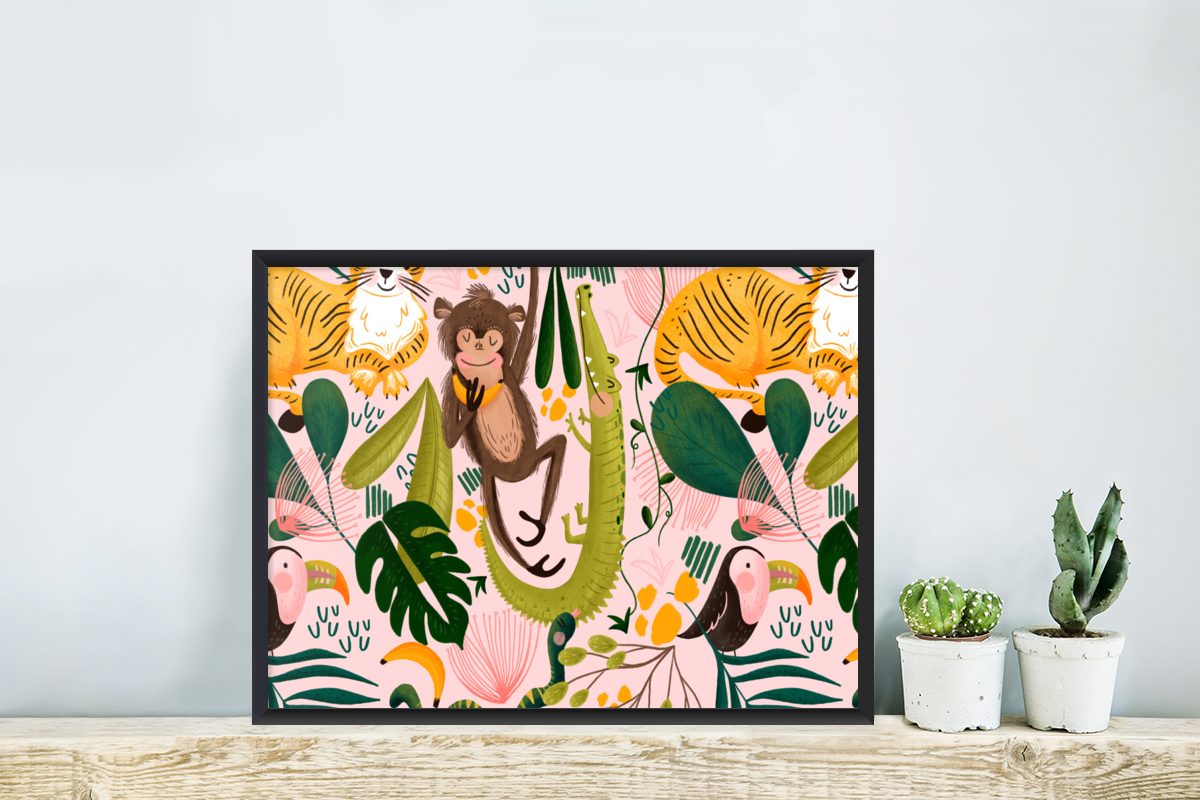 Poster Rosa, Gerahmtes - Dschungel St), Wandposter, - Wanddeko, Poster, Pflanzen Bilder, (1 - MuchoWow Bilderrahmen Affen Schwarzem