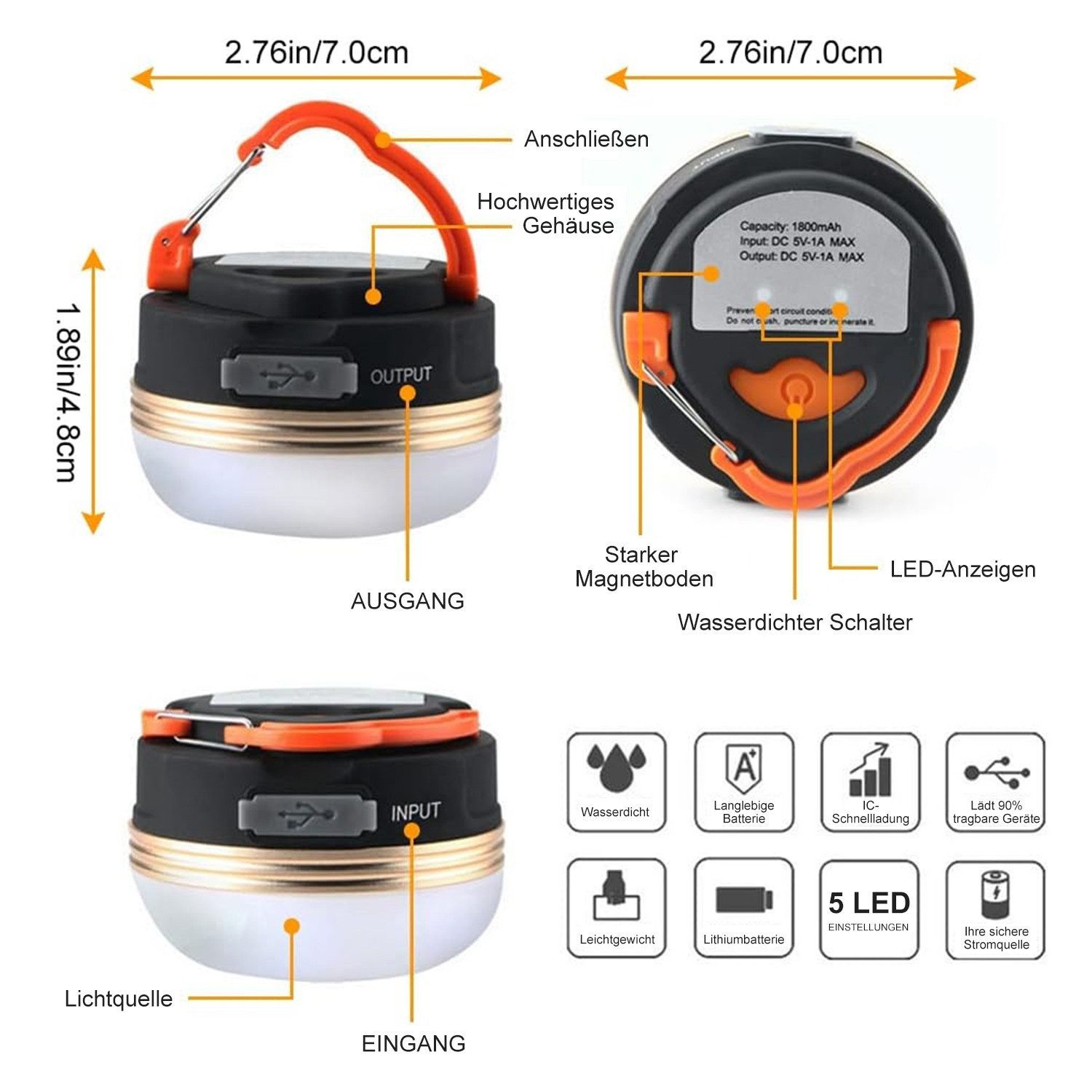 DESUO LED Gartenleuchte LED Campinglampe Aufladbar 3 Modi SOS Leuchtmodi Wasserdicht Outdoor