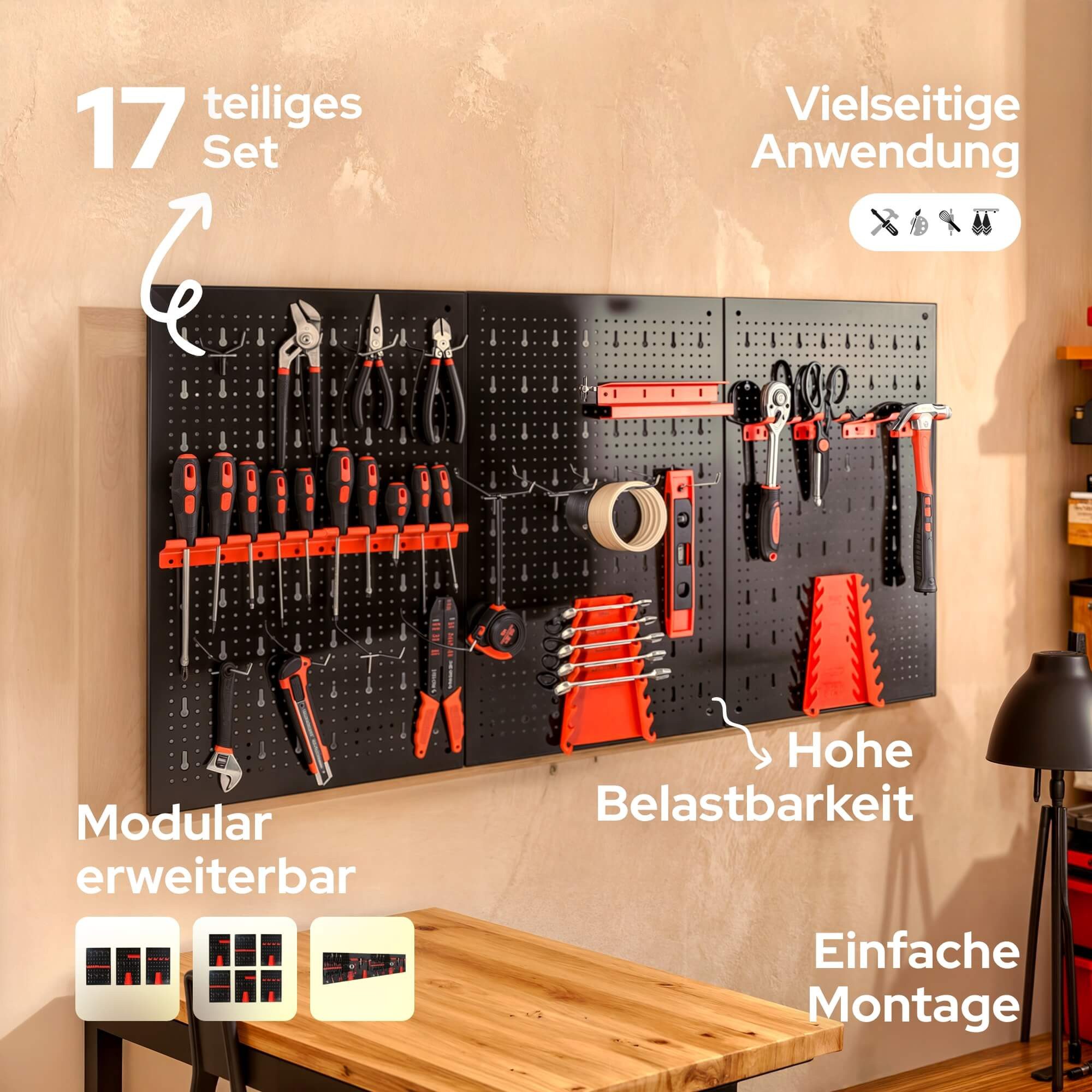 Arebos Lochwand 3-teilige Werkzeugwand Hakenset stabil & montagefreundlich, 3 Stk., mit 8 Haken, (17-tlg), sorgt für Ordnung in Werkstatt, Garage oder Keller