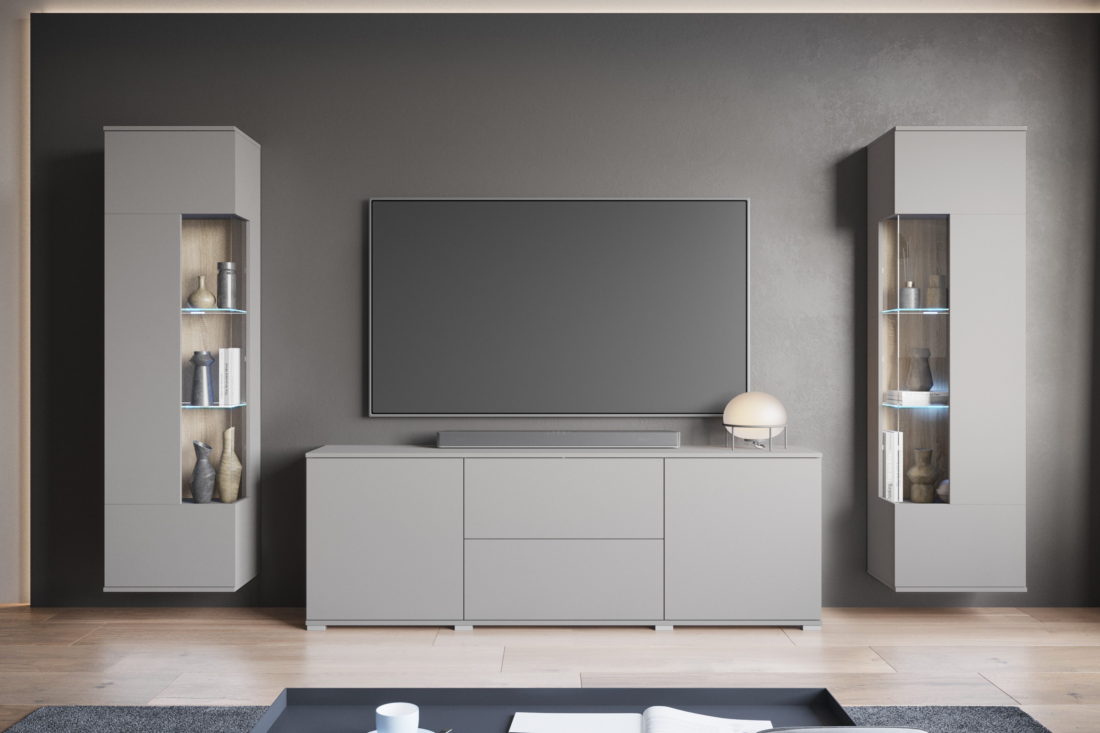 OTTO home Wohnwand KENIA, (Komplett-Set, 3-St), Vitrinen mit Eckverglasung, hängend und stehend montierbar