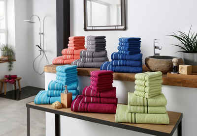 my home Handtuch Set Niki, Walkfrottee, (Set, 7-tlg), Handtuchset mit mehrfarbiger Streifenbordüre, aus 100% Baumwolle