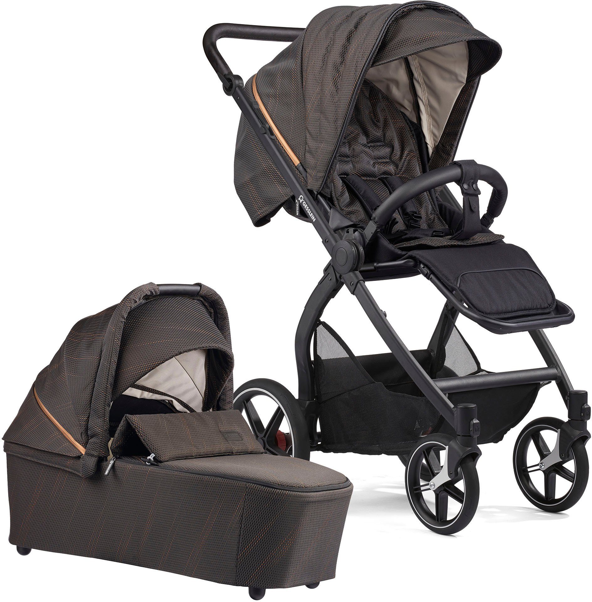 Swing FX4 Kombi-Kinderwagen und Soft+ C3 Gesslein mit Aufsatz schwarz, Babywanne schwarz/kupfer, Babyschalenadapter mit