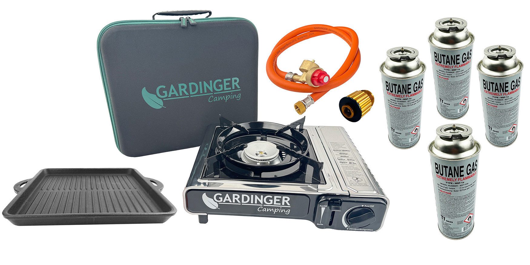 GARDINGER Camping-Gasgrill Campingkocher Safety Camp Allgas Piezo Grillplatte vier Kartuschen, Set, Adapterschlauch, Grillplatte, Kartuschen, Zündsicherung, Windschutz