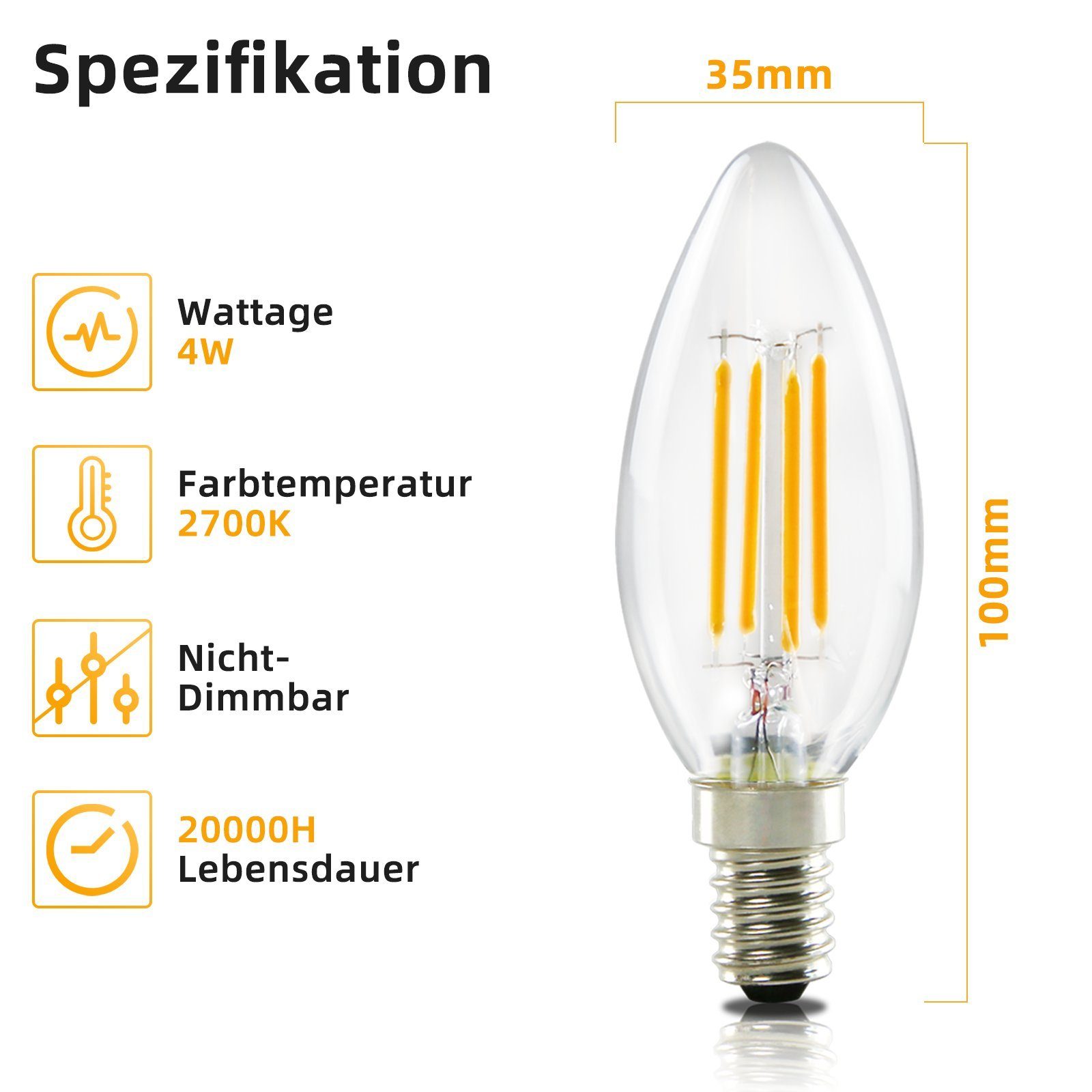 ZMH LED-Leuchtmittel E14 Glühbirne Warmweiß Lampe kerze 4W 2700K Filament R günstig online kaufen