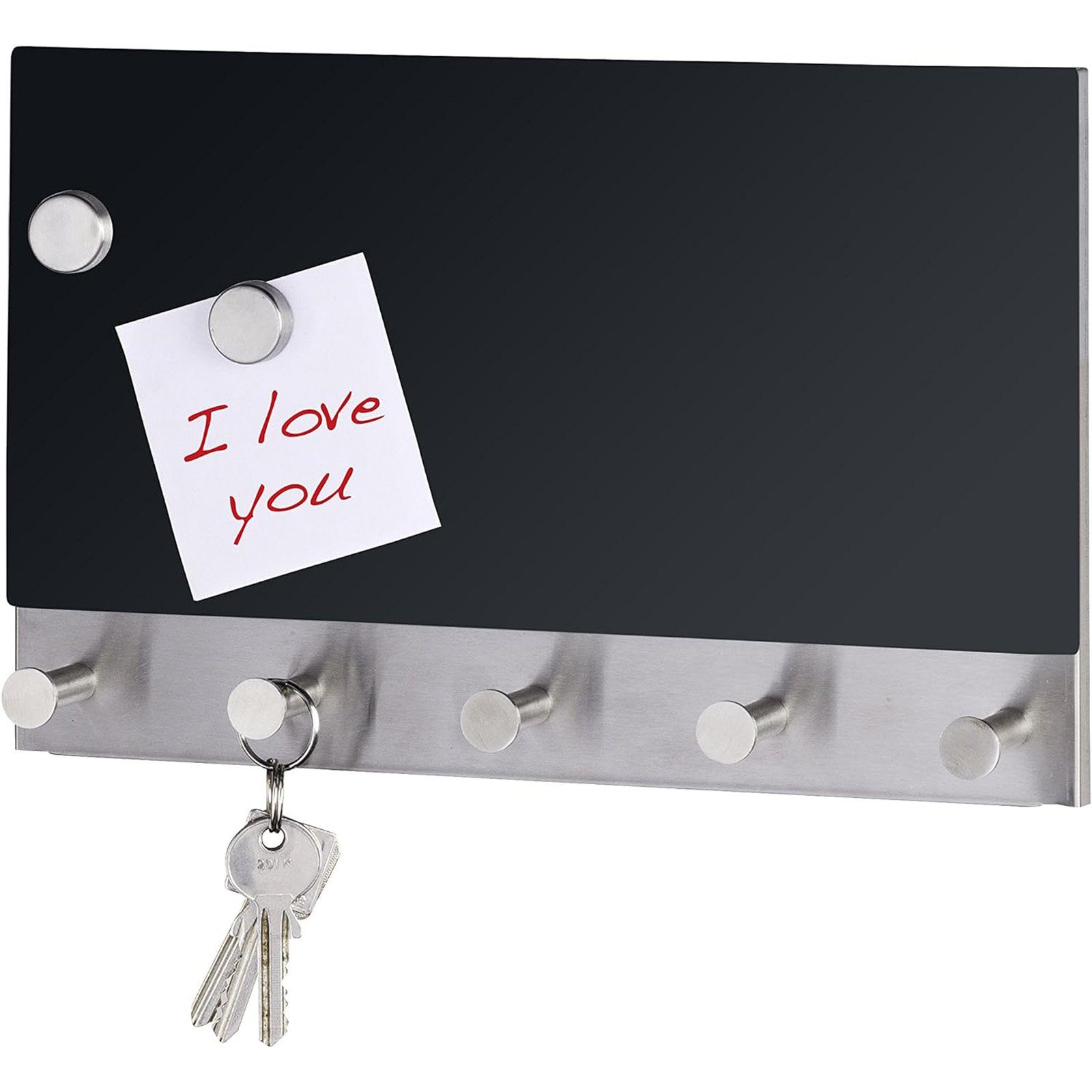 WENKO Hakenleiste Garderobe Schwarz Schlüsselbrett Kleiderhaken, mit 5 Haken 30x19 cm Magnet Memoboard