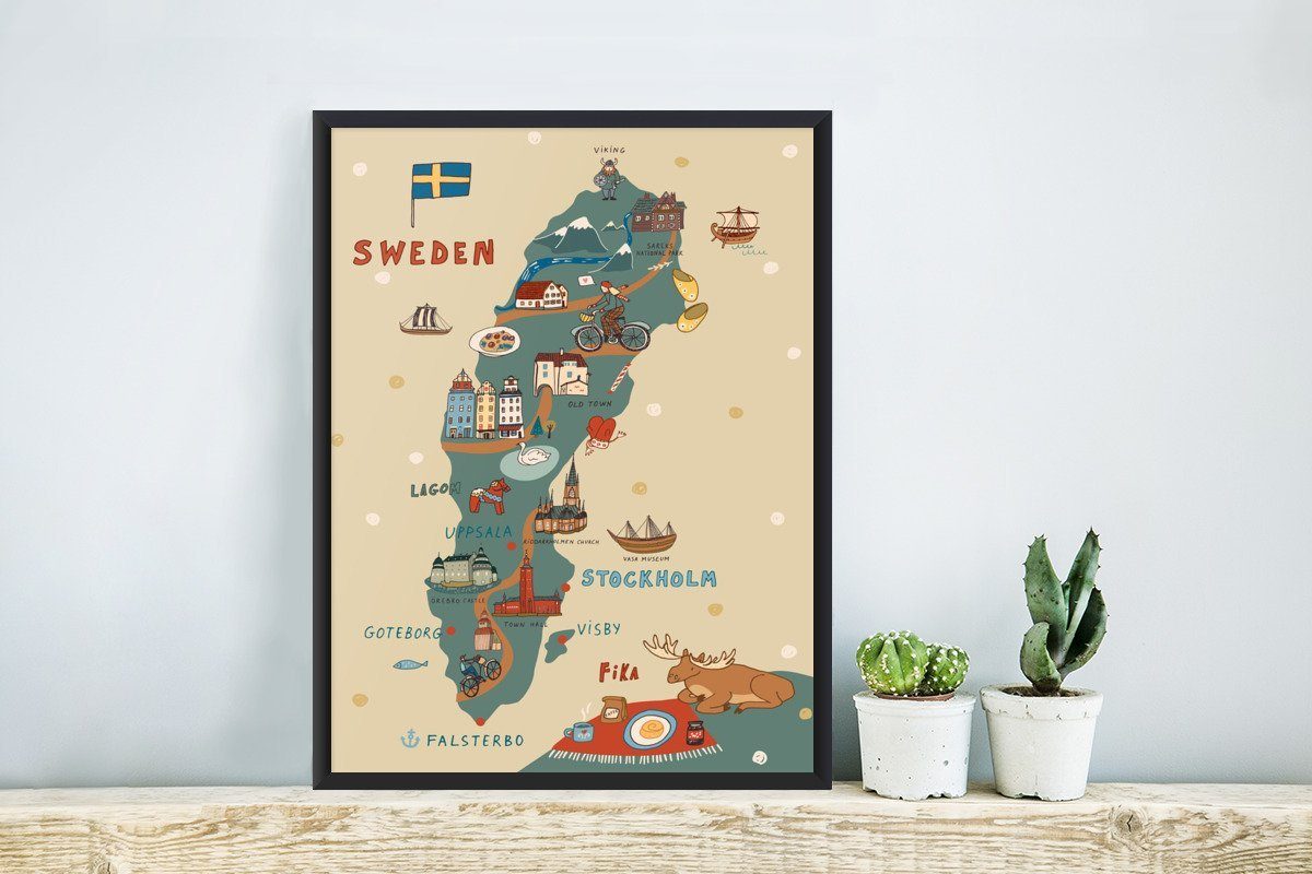 MuchoWow Poster Illustration Skandinavien mit der Karte von Schweden und einem Elch, (1 St), Bilderrahmen, Zimmer Deko, Bild für Wohnzimmer, 20x30 cm