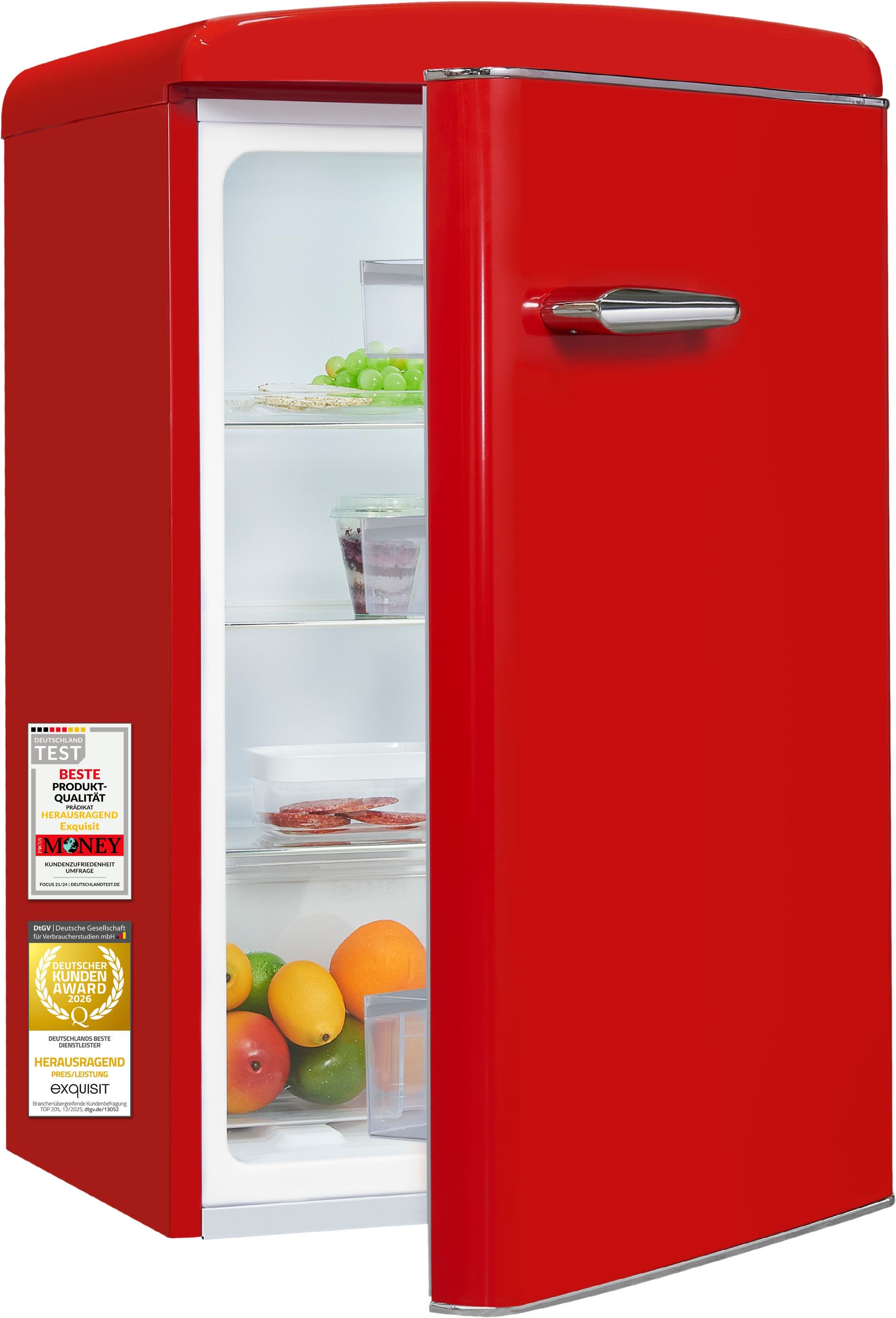 exquisit Kühlschrank RKS120-V-H-160C rot, 89,5 cm hoch, 54,5 cm breit, LED-Beleuchtung, verstellbare Glasböden, Retro-Design