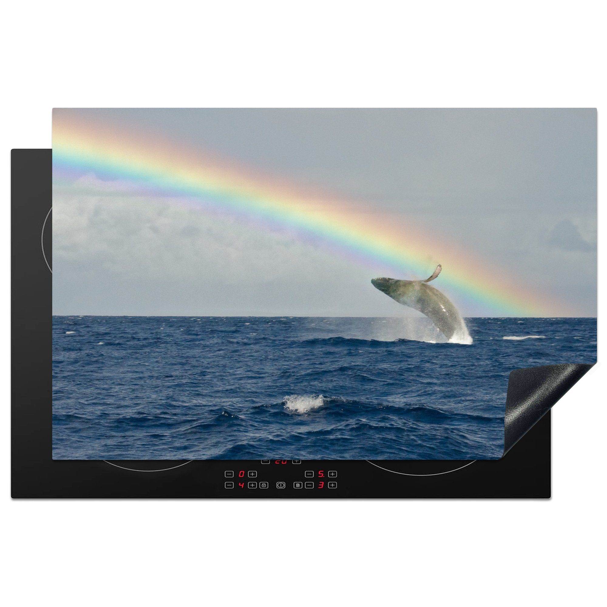 MuchoWow Herdblende-/Abdeckplatte Ein Buckelwal springt unter einem Regenbogen aus dem Wasser, Vinyl, (1 tlg), 81x52 cm, Induktionskochfeld Schutz für die küche, Ceranfeldabdeckung