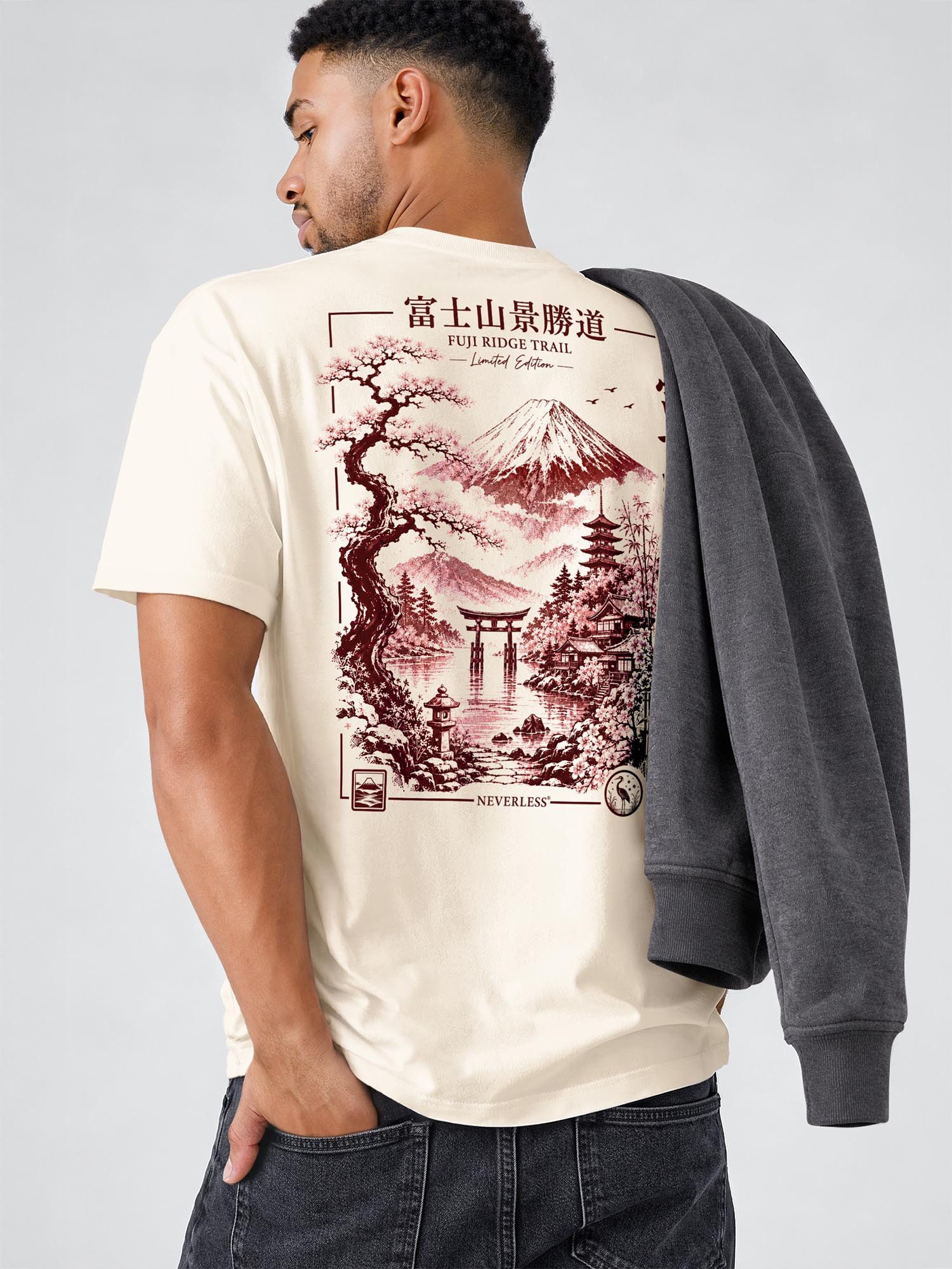 Neverless Oversize-Shirt Herren T-Shirt - Design Mount Fuji - Relaxed Fit Printshirt Sommer mit Print – Bild 5 von 5