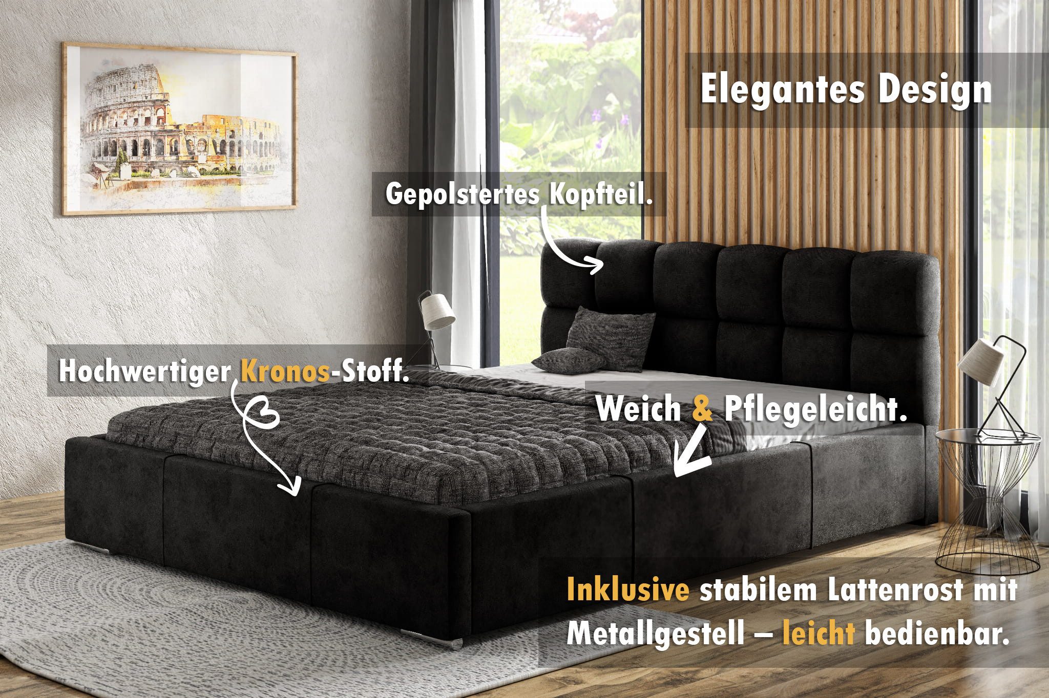 thematys Polsterbett mit Bettkasten & Lattenrost – Stauraumbett 140x200 - 200x200cm (Plüschstoff Bett mit optionaler 7-Zonen Taschenfederkernmatratze)