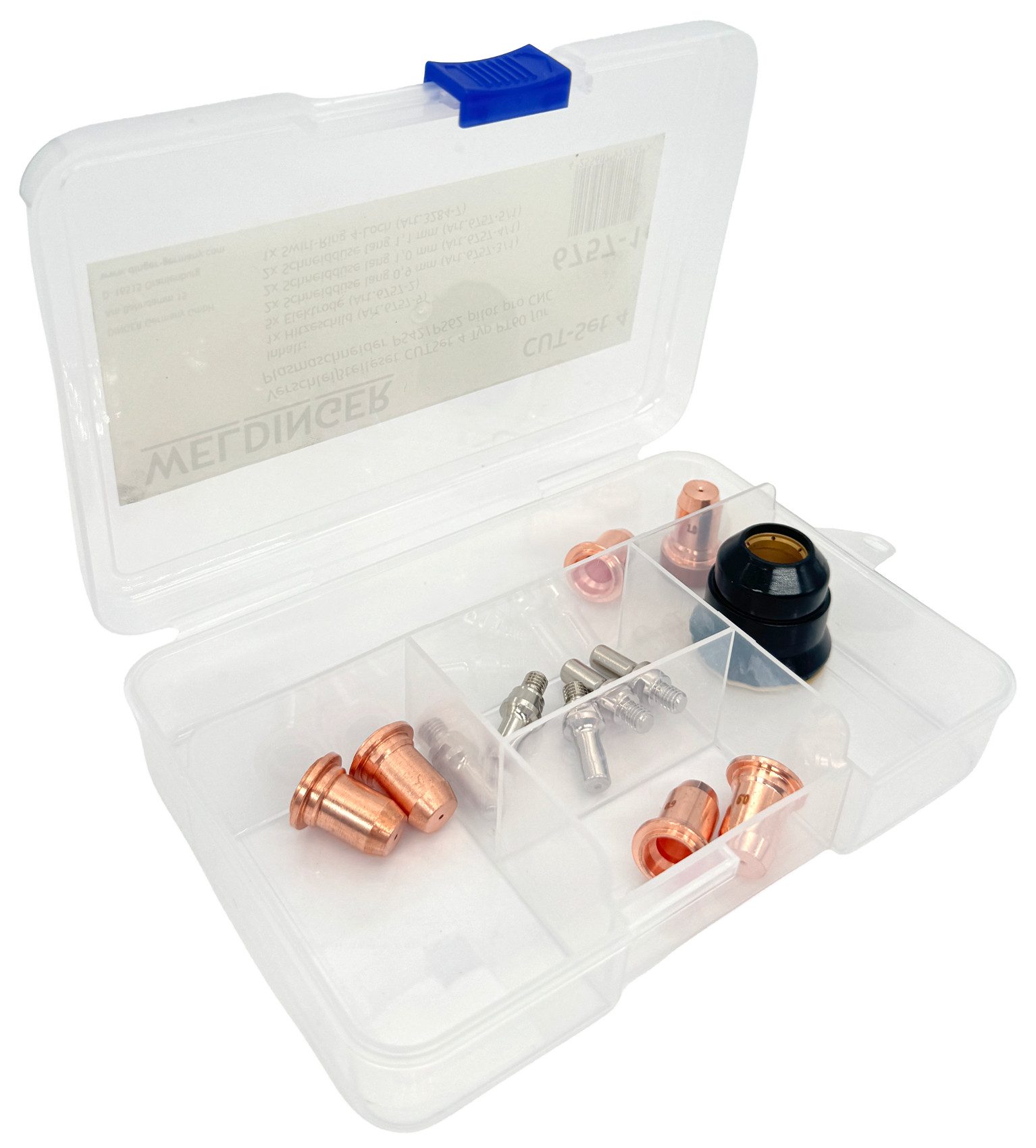 WELDINGER Elektrowerkzeug-Set Plasma-Verschleißteileset Cut-Set 4 für Brenner PT40/PT60/P20/P40/P60, Verschleißteileset, 14-tlg., Düsen 0,9 1,0 1,1 mm, Elektroden und Keramik-Swirlring 4-Loch