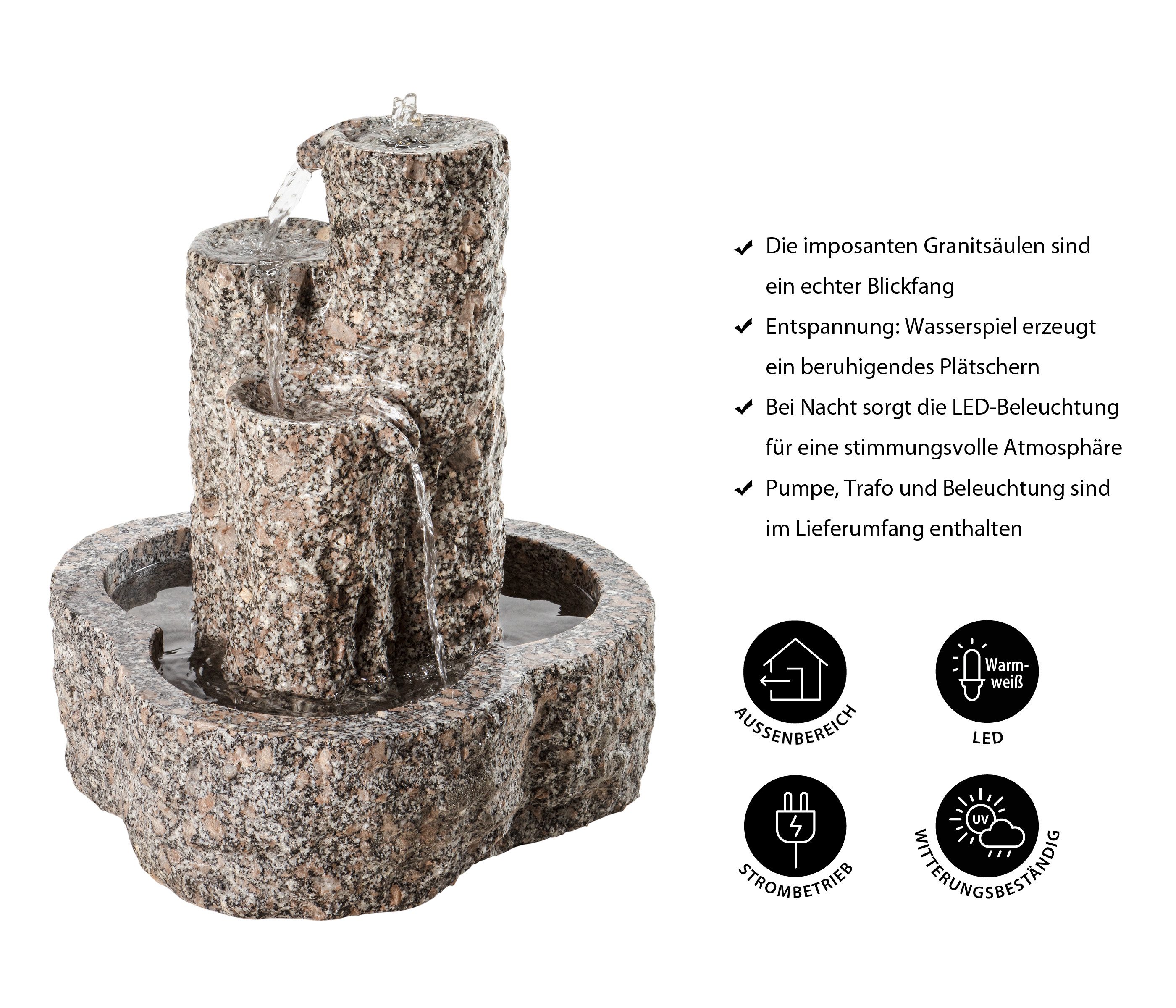 Dehner Gartenbrunnen Heidelberg mit LED, Ø 50 cm, Höhe 55 cm, Granit, rustikales Wasserspiel aus Granit mit Pumpe, Trafo und LED-Beleuchtung