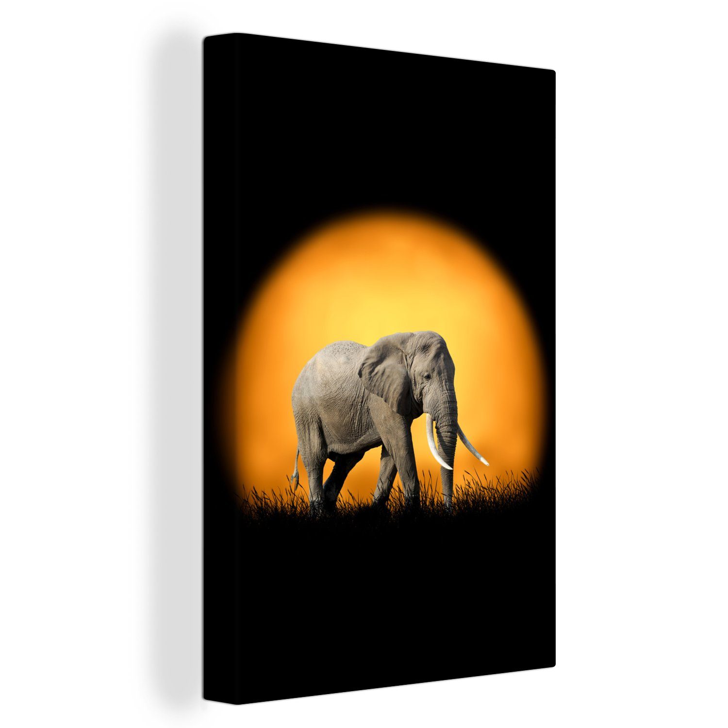 - Elefant fertig Zackenaufhänger, - (1 St), Leinwandbild inkl. Leinwandbild Orange, 20x30 OneMillionCanvasses® bespannt Gemälde, cm Sonne