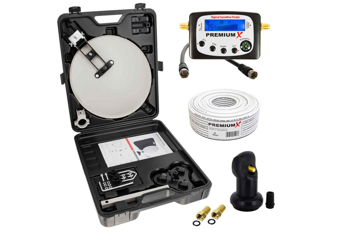 PremiumX Camping SAT Anlage Satelliten-Finder Single LNB 10m Kabel F-Stecker SAT-Antenne