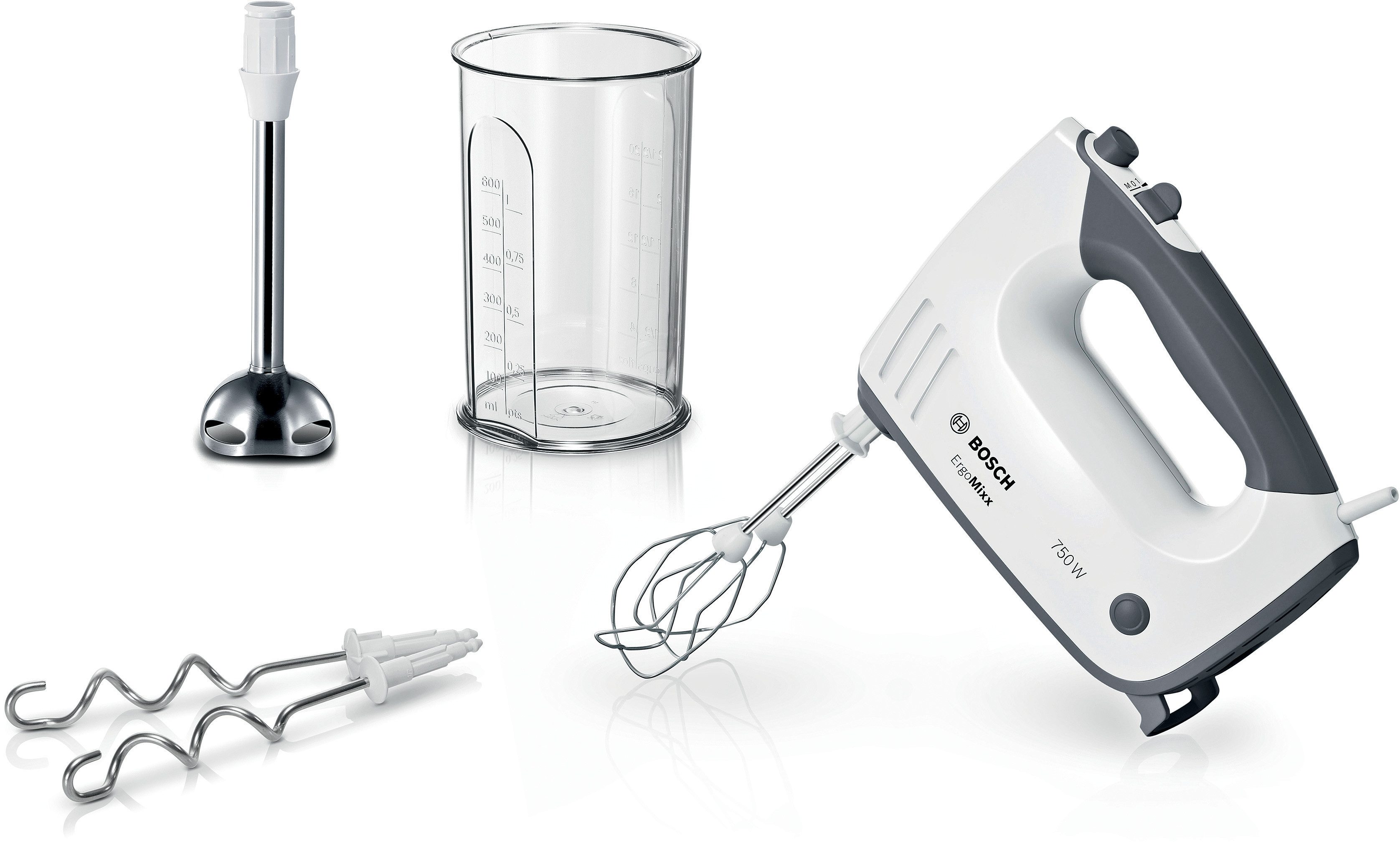 BOSCH Handmixer ErgoMixx MFQ37470, Edelst. Rührbesen/Knethaken, 5 Stufen, weiß, 750 W, Turbostufe, Mixfuß, leichtes Gehäuse, Made in Europe