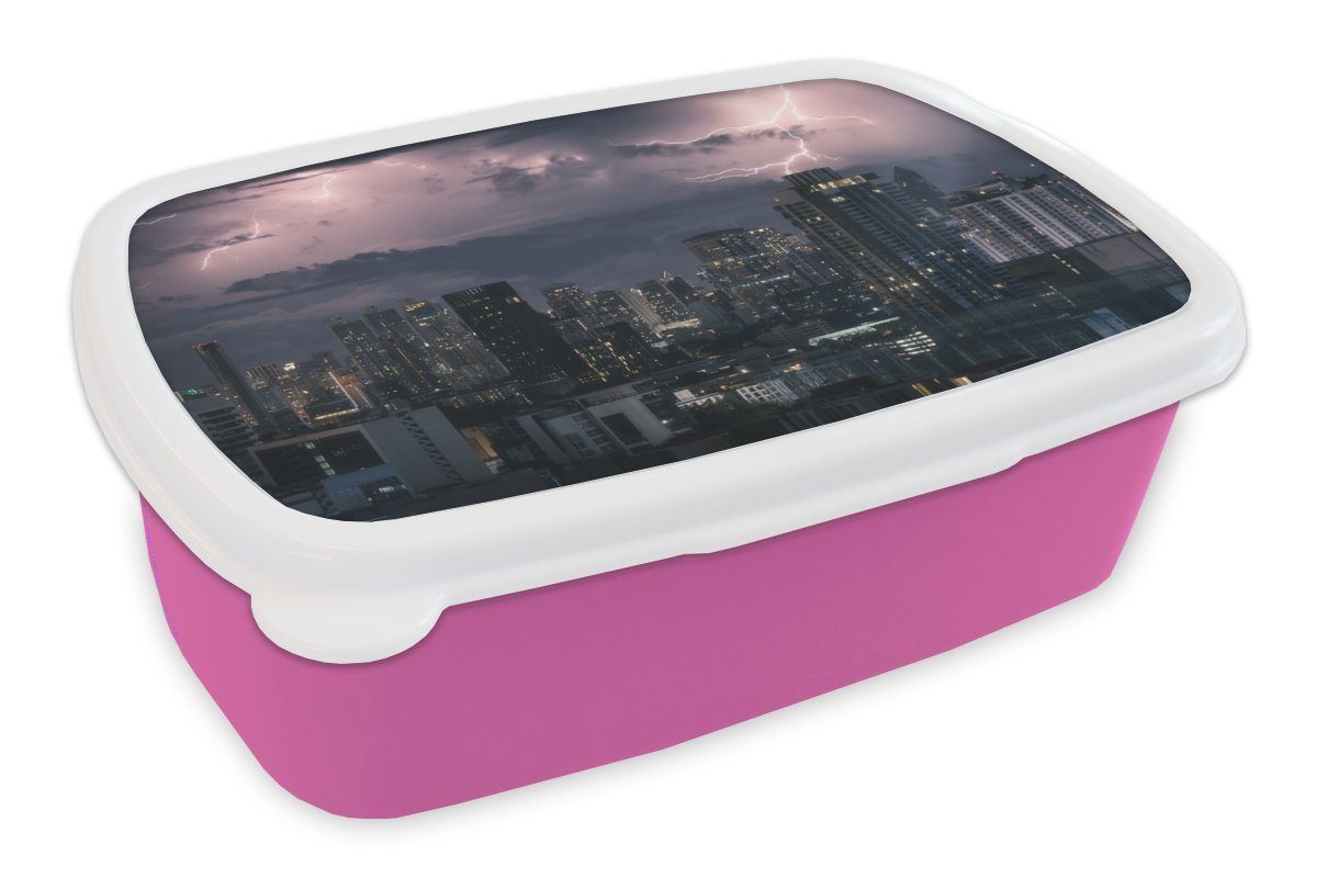 MuchoWow Lunchbox Gewitter über Bangkok, Kunststoff, (2-tlg), Brotbox für Erwachsene, Brotdose Kinder, Snackbox, Mädchen, Kunststoff rosa