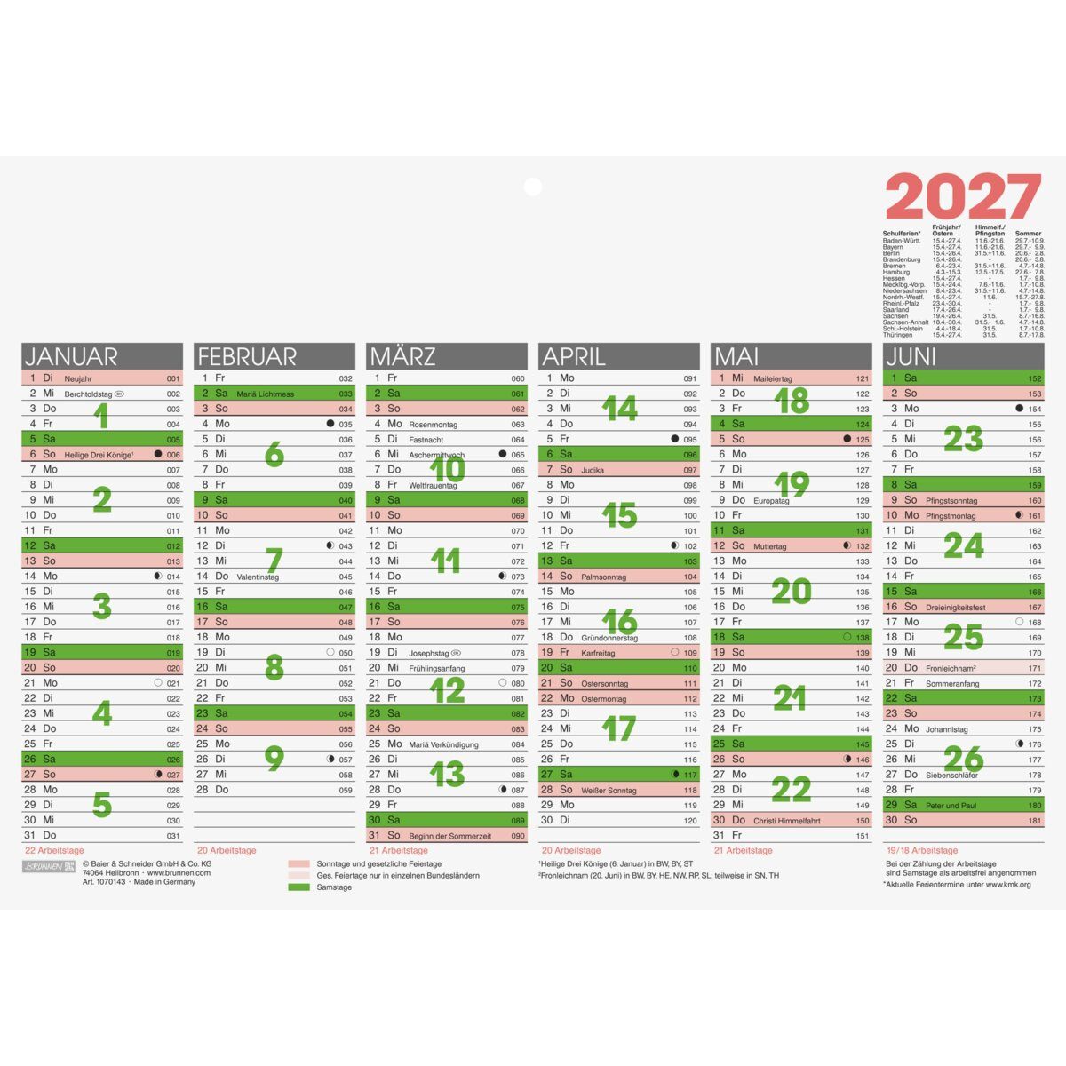 BRUNNEN Terminplaner Tafelkalender A4quer 2027