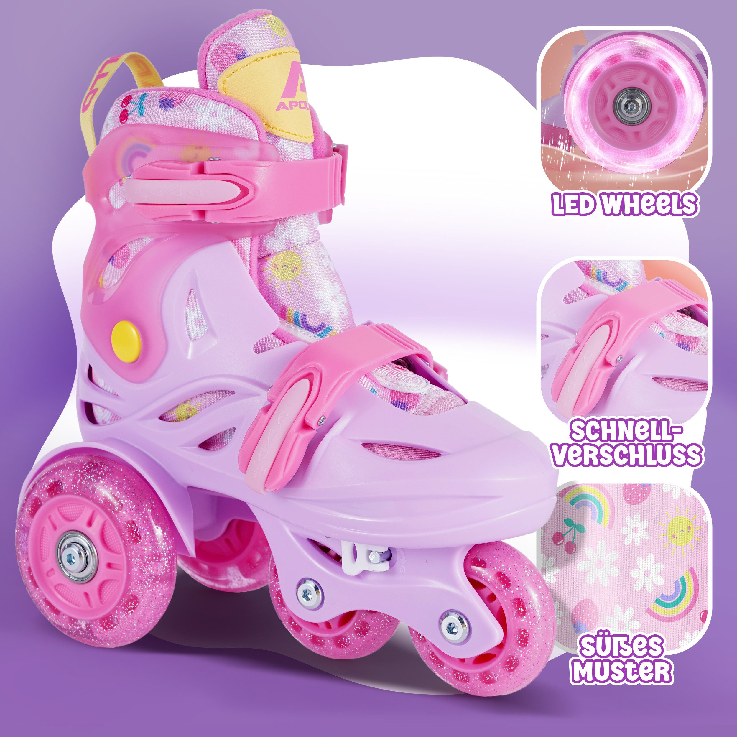 Apollo Rollschuhe Verstellbare Hybrid-Rollschuhe Kinder, Größe 26-30, ideal für Anfänger, mit LED-Rollen, stabil & farbenfroh