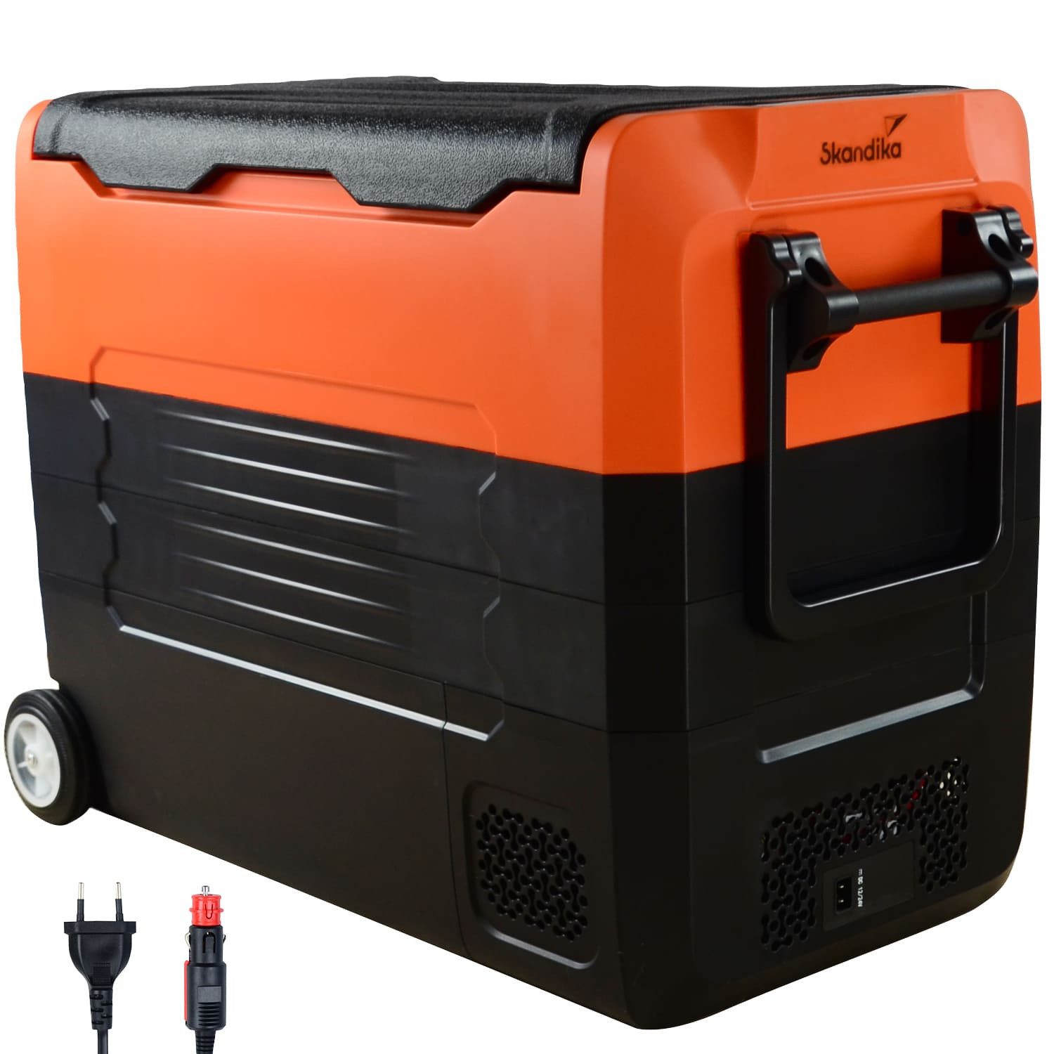 Skandika Elektrische Kühlbox Auto-Gefrierbox 55 L, Camping Kompressor Kühlschrank mit Trennwand, 12V Stecker, Netzteil für Steckdose, +10° bis -20°C, LKW, Bus, Camper