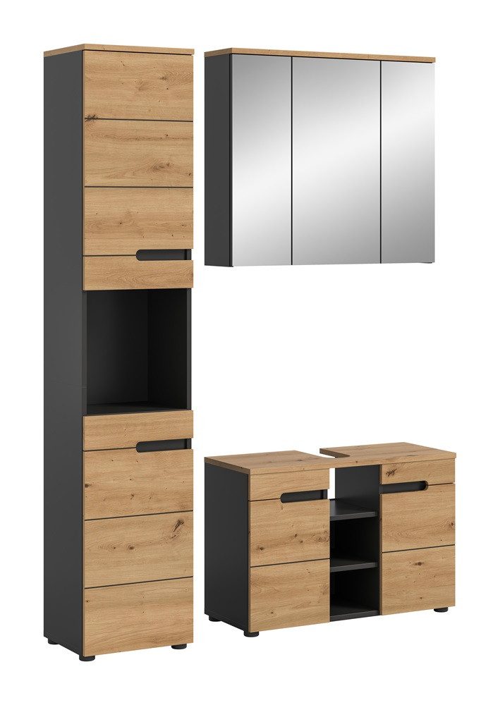 xonox.home Badmöbel-Set Badezimmer Set Canu 2, 3-teilig, Artisan Eiche / Basalt grau, optio, (3-St), Badmöbel, Badkombination