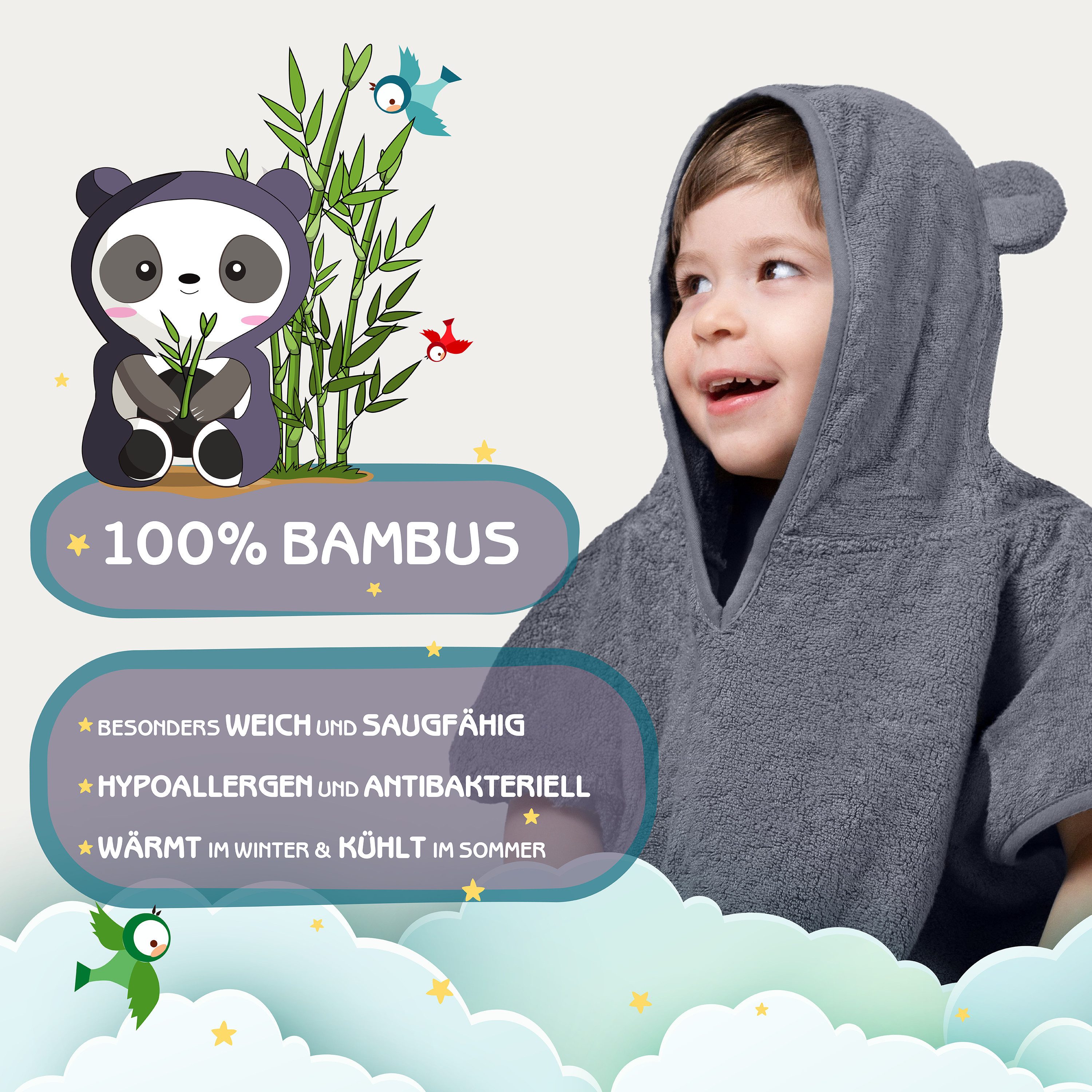 Fuchs & Panda Badeponcho Kuscheliger Badeponcho Baby und Kinder (0-6Jahre) aus 100% Bambus, 100% Bambus: Antimikrobiell, Atmungsaktiv, Hypoallergen, Superweich – Bild 2 von 5