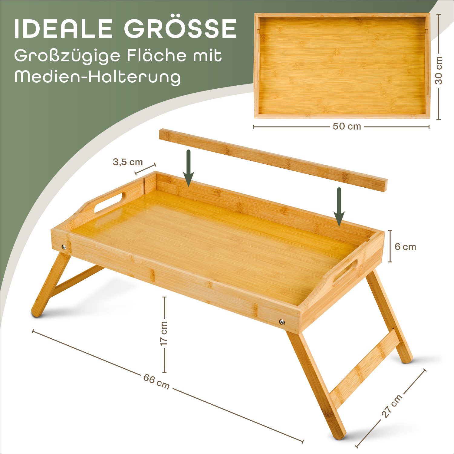 Blumtal Tabletttisch Betttablett aus Bambus mit Holzstrebe für Tablets/Handys, Frühstückstablett fürs Bett - Betttisch klappbar 50 x 30 x 6 cm