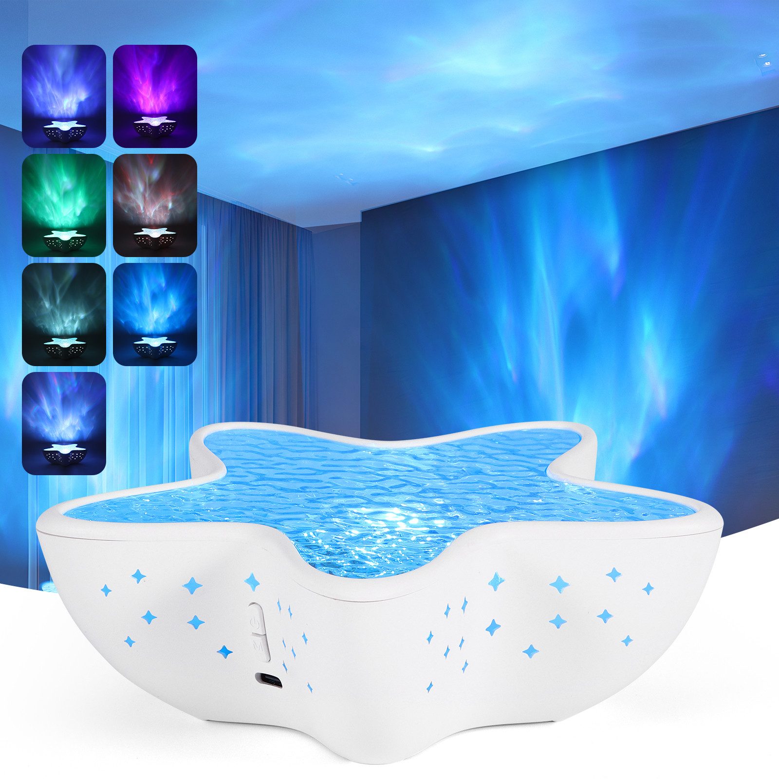 BlingBin LED Nachtlicht LED Sternenhimmel Projektor mit Aurora Effekt, Wasserwellen Tischlampe, Polarlicht Lampe mit Stufenlos Dimmbar, LED fest integriert, Farbwechsler, Seestern Projektor Ocean Mood Light Zimmer Deko Wohnzimmer, 1 Stück