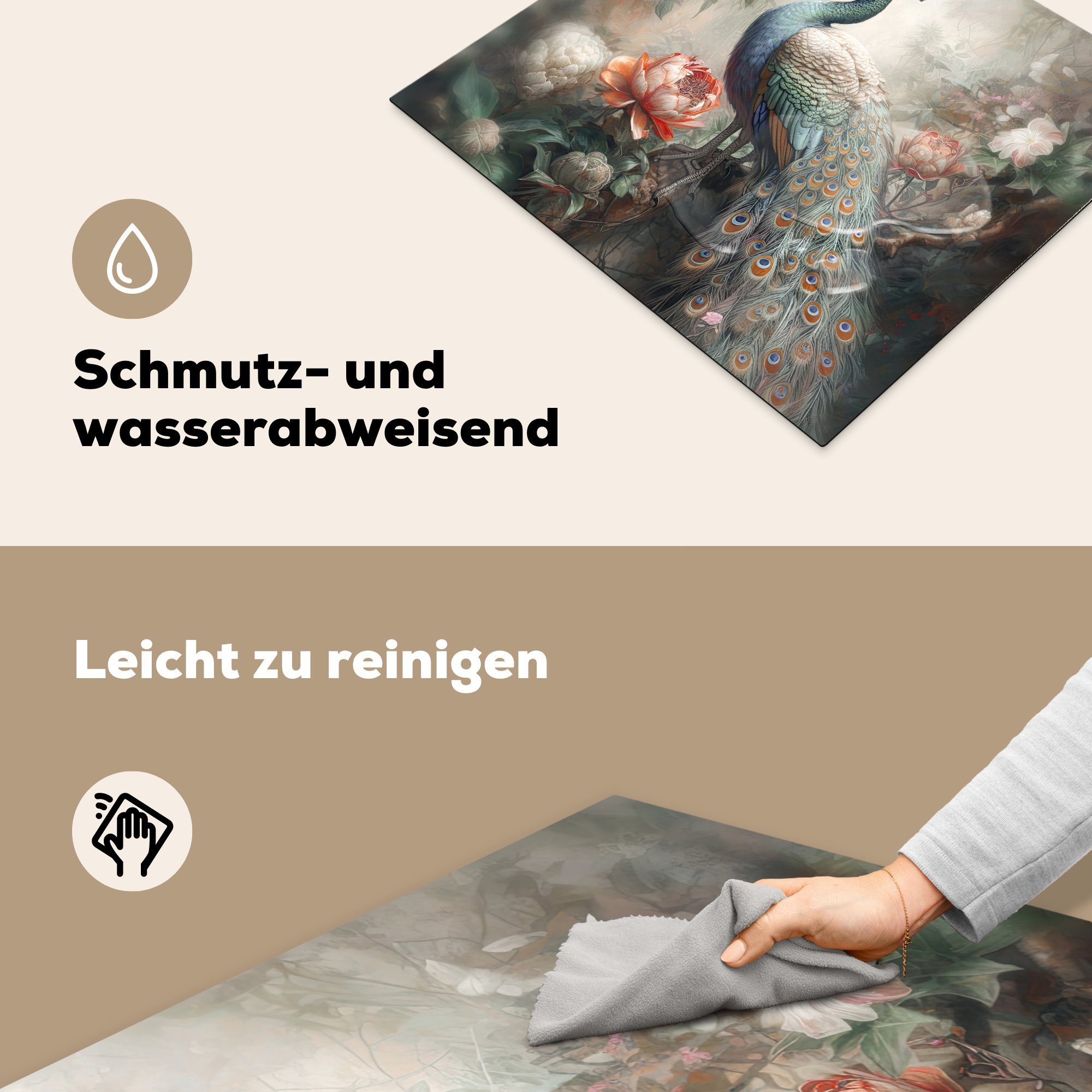 Dschungel - Pfauenfedern Herdblende-/Abdeckplatte Ceranfeldabdeckung Blumen, Vogel Vinyl, (1 - Arbeitsfläche 60x52 nutzbar, cm, - - Mobile MuchoWow Pfau tlg),