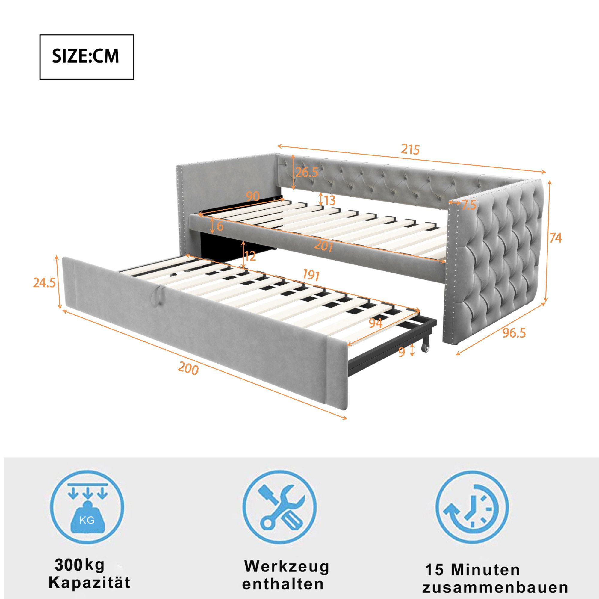 BlingBin Schlafsofa Polsterbett, Ausziehbares Schlafsofa, Einzelbett, Jugendbett, 90x200cm, 1er Set 1 Teile, Multifunktionales Bett-Gästebett, Hautfreundlicher Samtstoff, Hellgrau