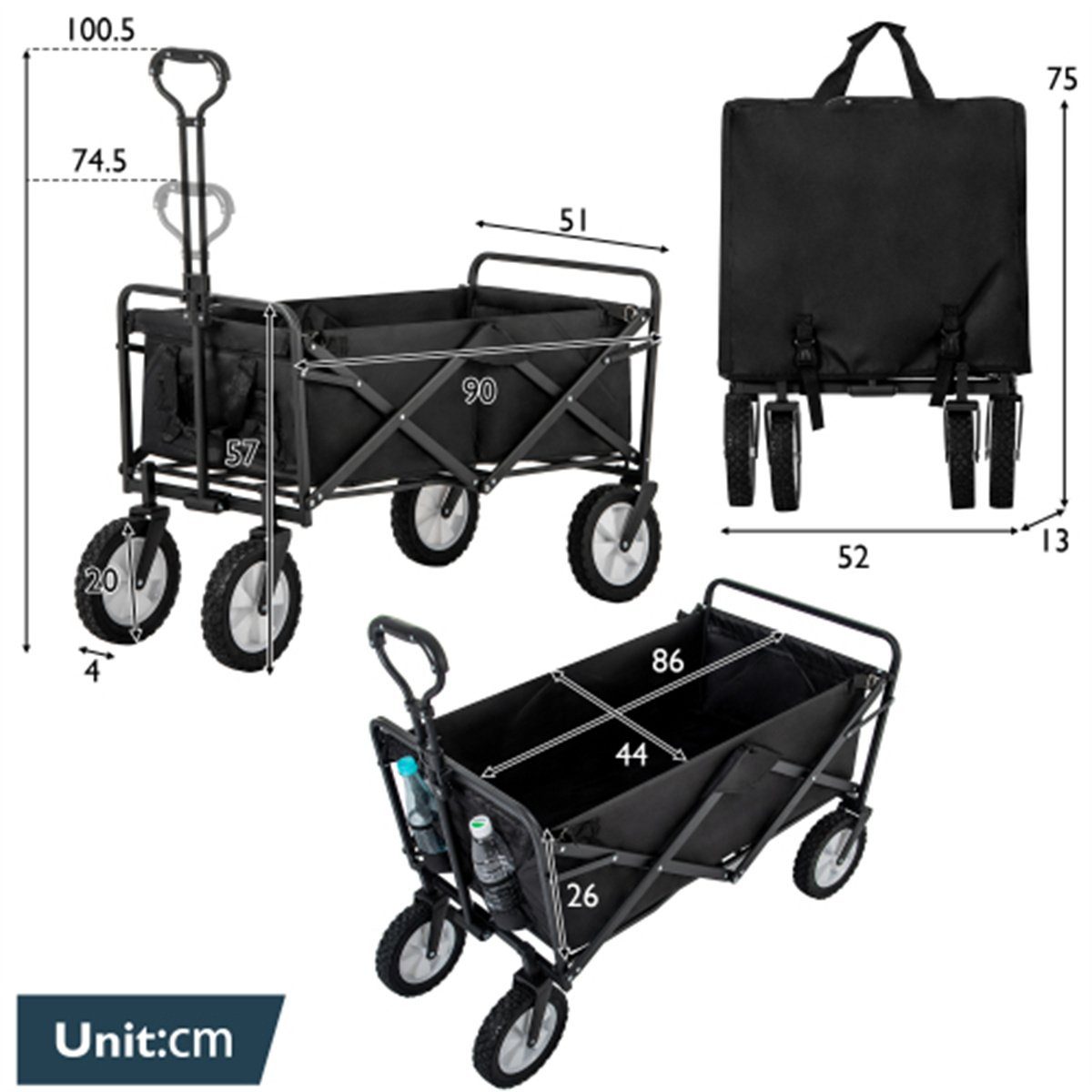 XDeer Bollerwagen klappbarer Handwagen,Gartenwagen,Transportwagen,Strandwagen, Getränkehalter aus Mesh,verstellbare Griffe, Stofftasche
