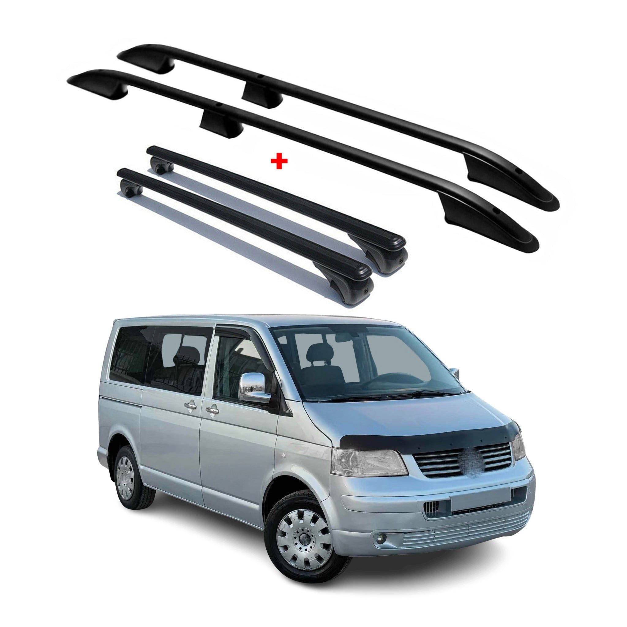 OMAC Dachträger Dachreling für VW T5 T6 Transporter Multivan L1 Alu Schwarz 4x (4-St), Anti-Diebstahlschloss, Leichtgewichtig, Multifunktional