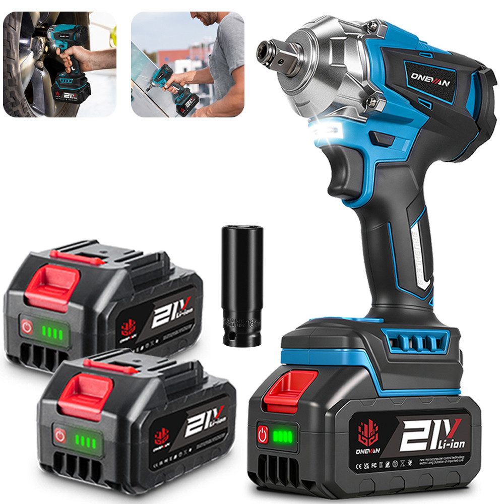 ONEVAN Akku-Schlagschrauber 1/2 Zoll Bürstenloser Motor, 1200Nm Drehschlagschrauber, mit einstellbarem Drehmoment und 2xLithium Batterien