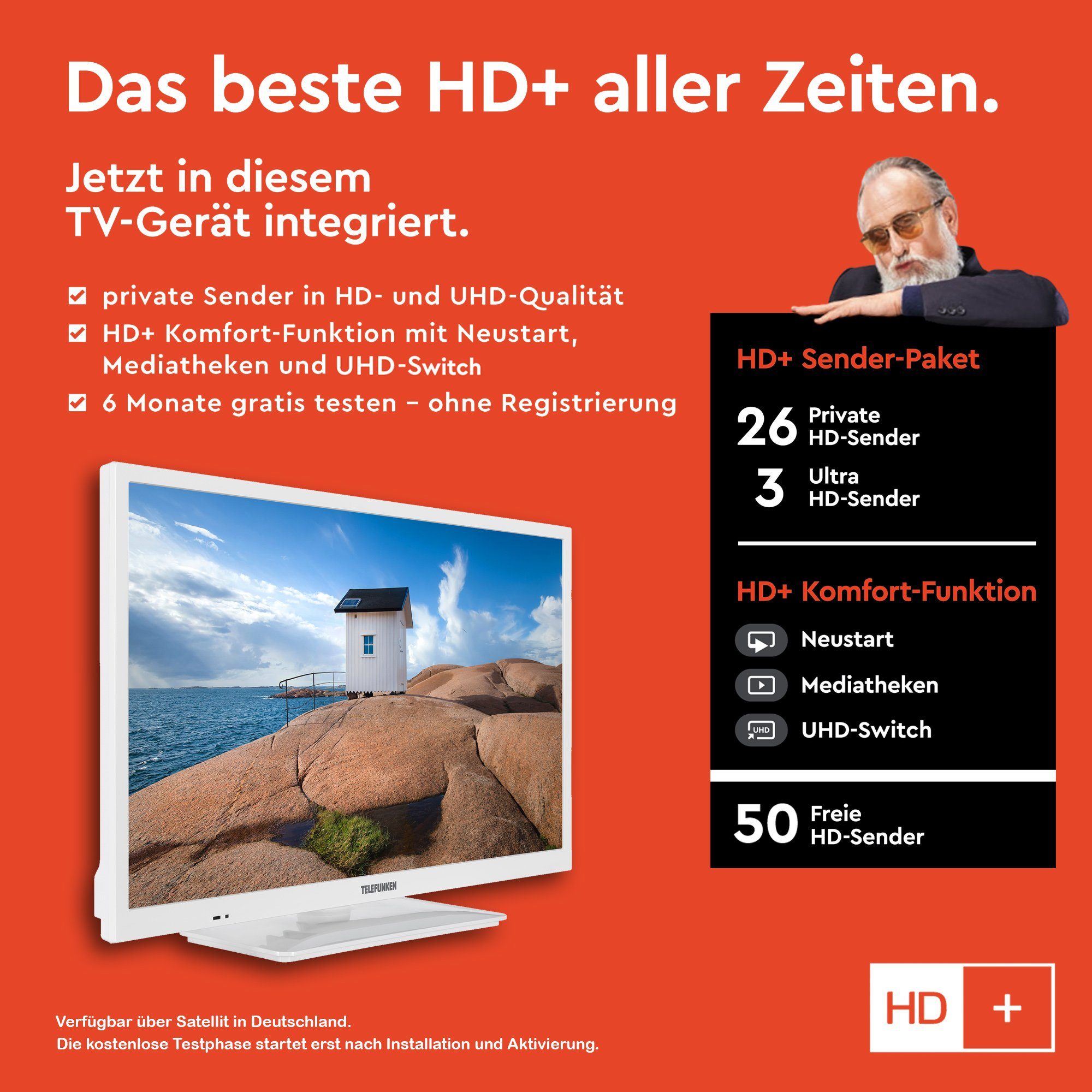 HD+ gratis) 12 DVD-Player, Telefunken Triple-Tuner, TV, Monate (60 Smart Zoll, cm/24 Volt HD-ready, XH24SN550MVD-W LCD-LED Anschluss, Fernseher 6