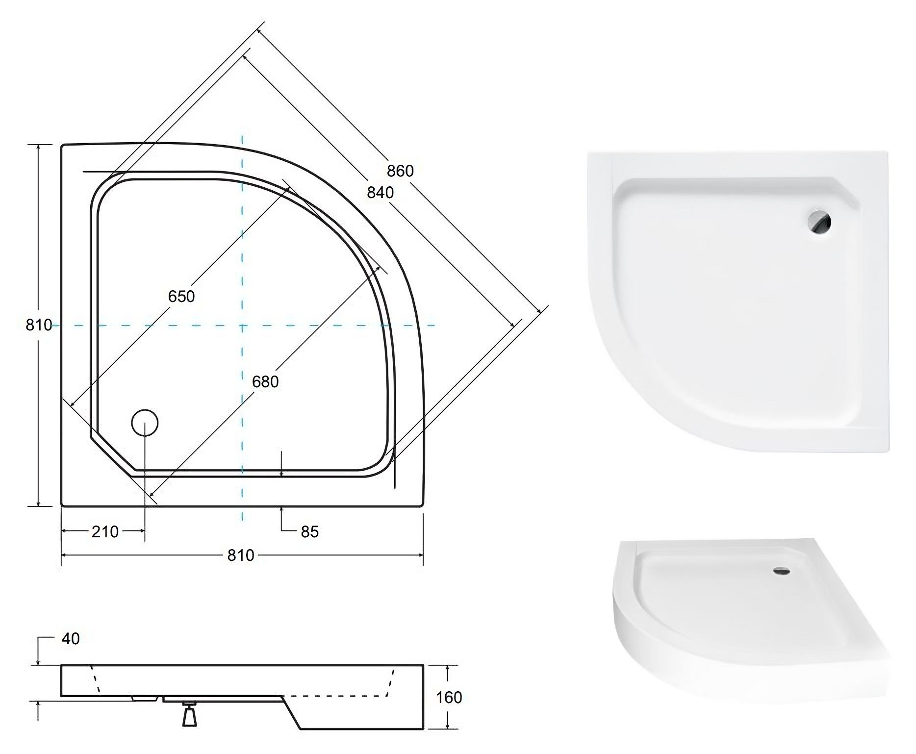KOLMAN Komplettdusche Vitoria Halbrund Duschkabine mit Duschwanne, BxT: 80x80 cm, Sicherheitsglas, 180 cm, Transparentes Glas, Ablaufgarnitur Gratis