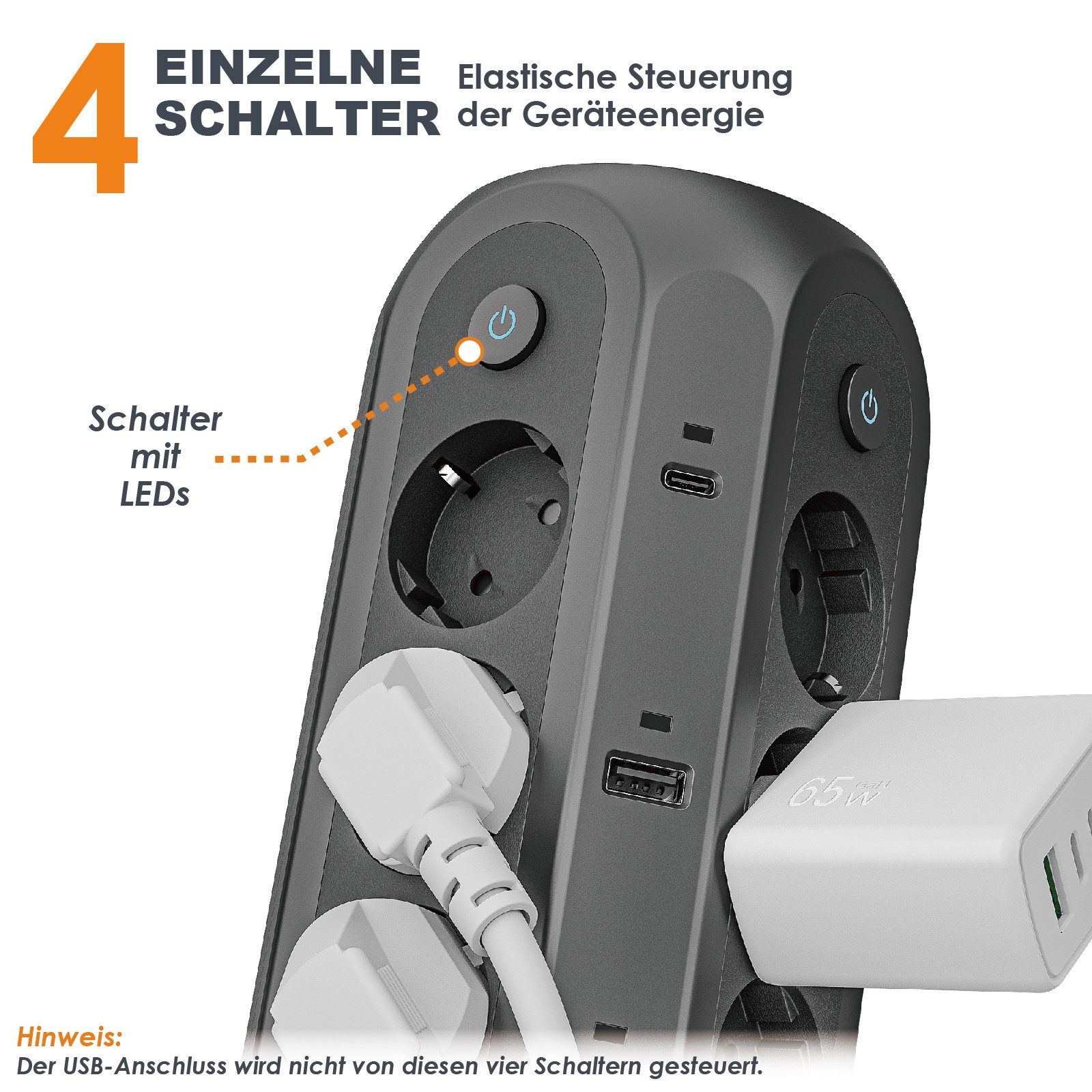 neue dawn 12fach Mehrfachsteckdose USB C 4000W Steckdosenleiste Steckdosenwürfel Mehrfachsteckdose 12-fach (USB-Anschlüsse, Einzeln schaltbar, mit überspannungs – Bild 4 von 5