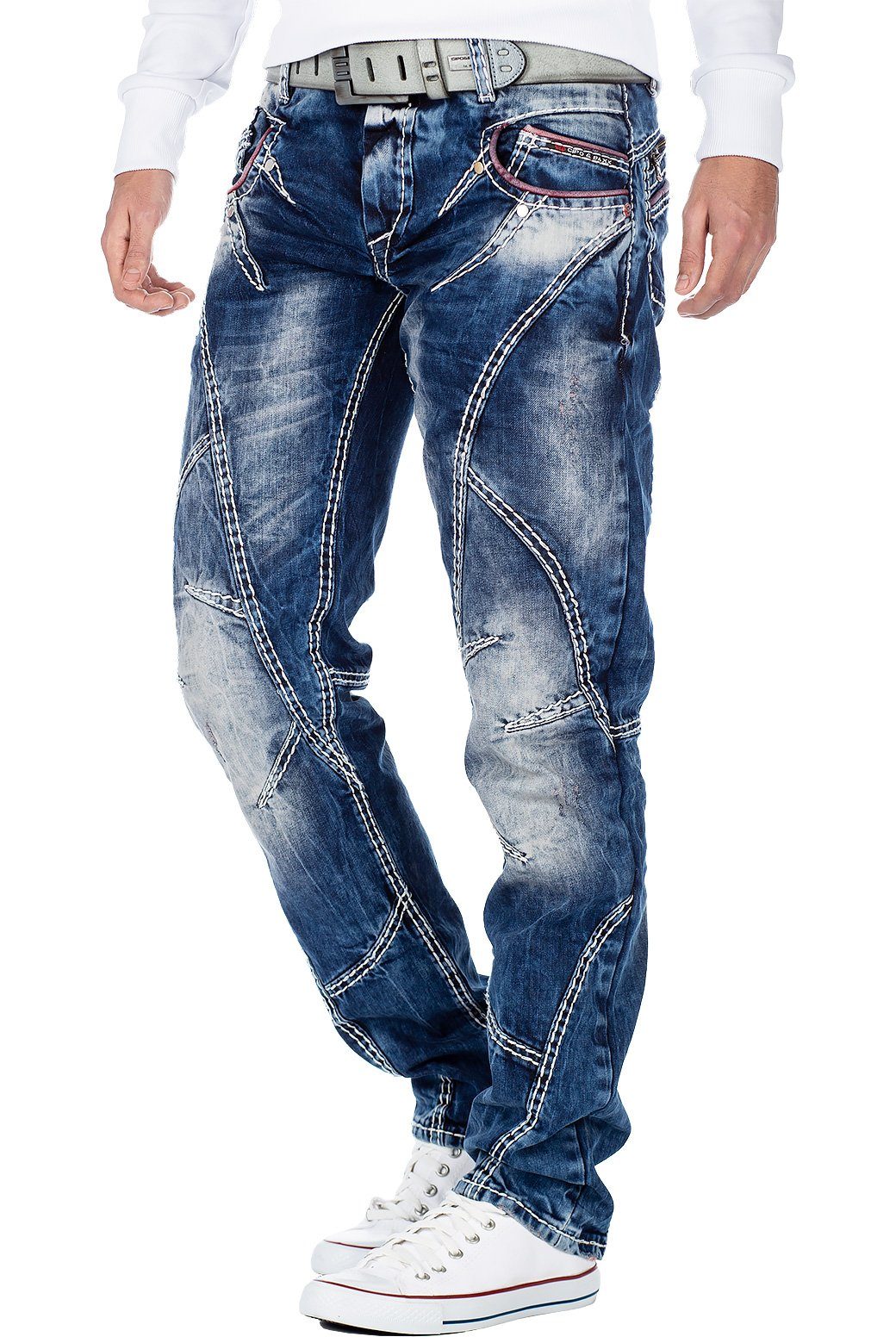 Cipo & Baxx Regular-fit-Jeans Herren Regular Fit Hose Stonewashed BA-CD563 (1-tlg) mit dicken Ziernähten und Waschung – Bild 3 von 5