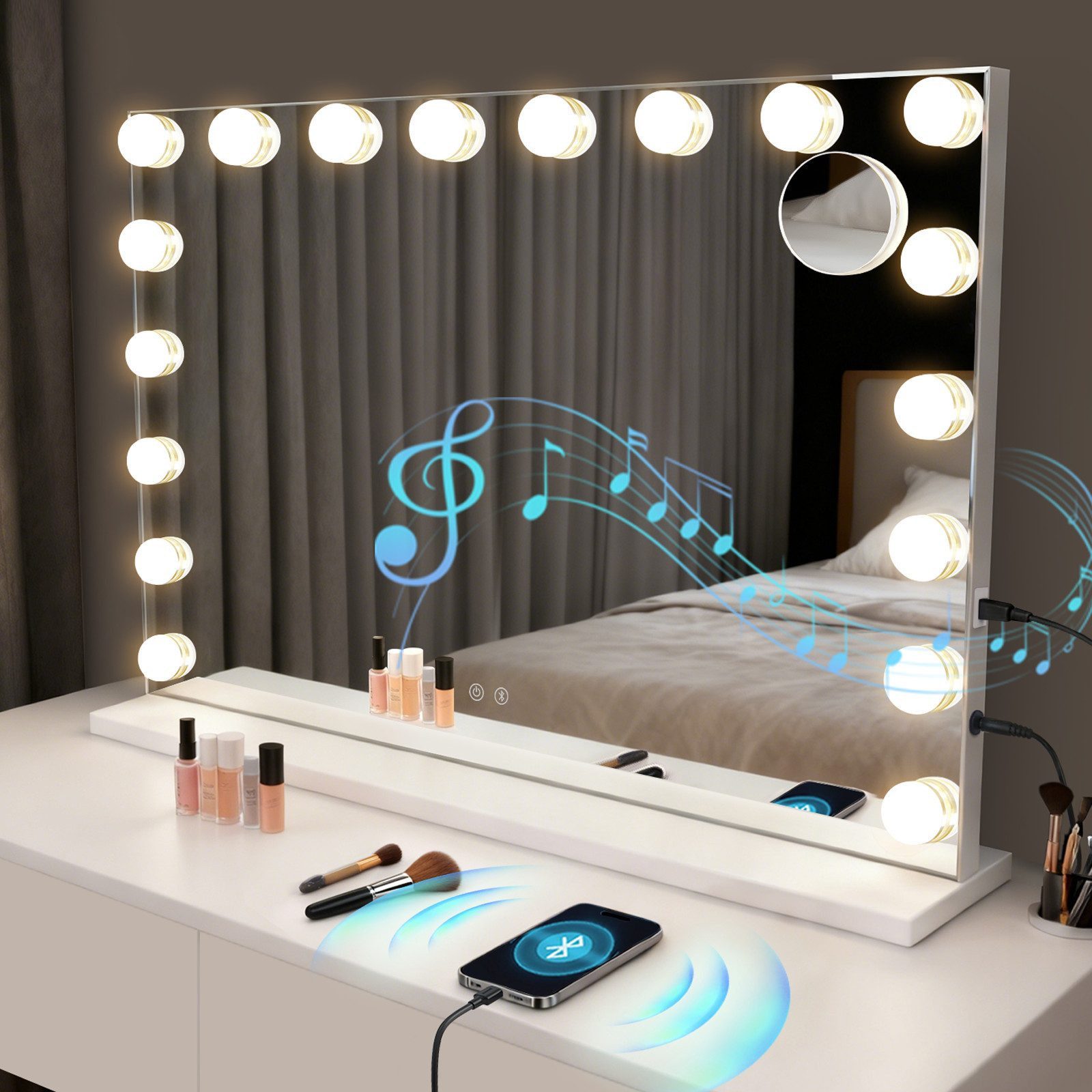 ZMH Schminkspiegel mit Beleuchtung 80 × 60 cm, Hollywood Spiegel mit 18 LEDs (1-St), 3 Lichtfarben, dimmbar, Bluetooth, USB und 5-facher Lupe